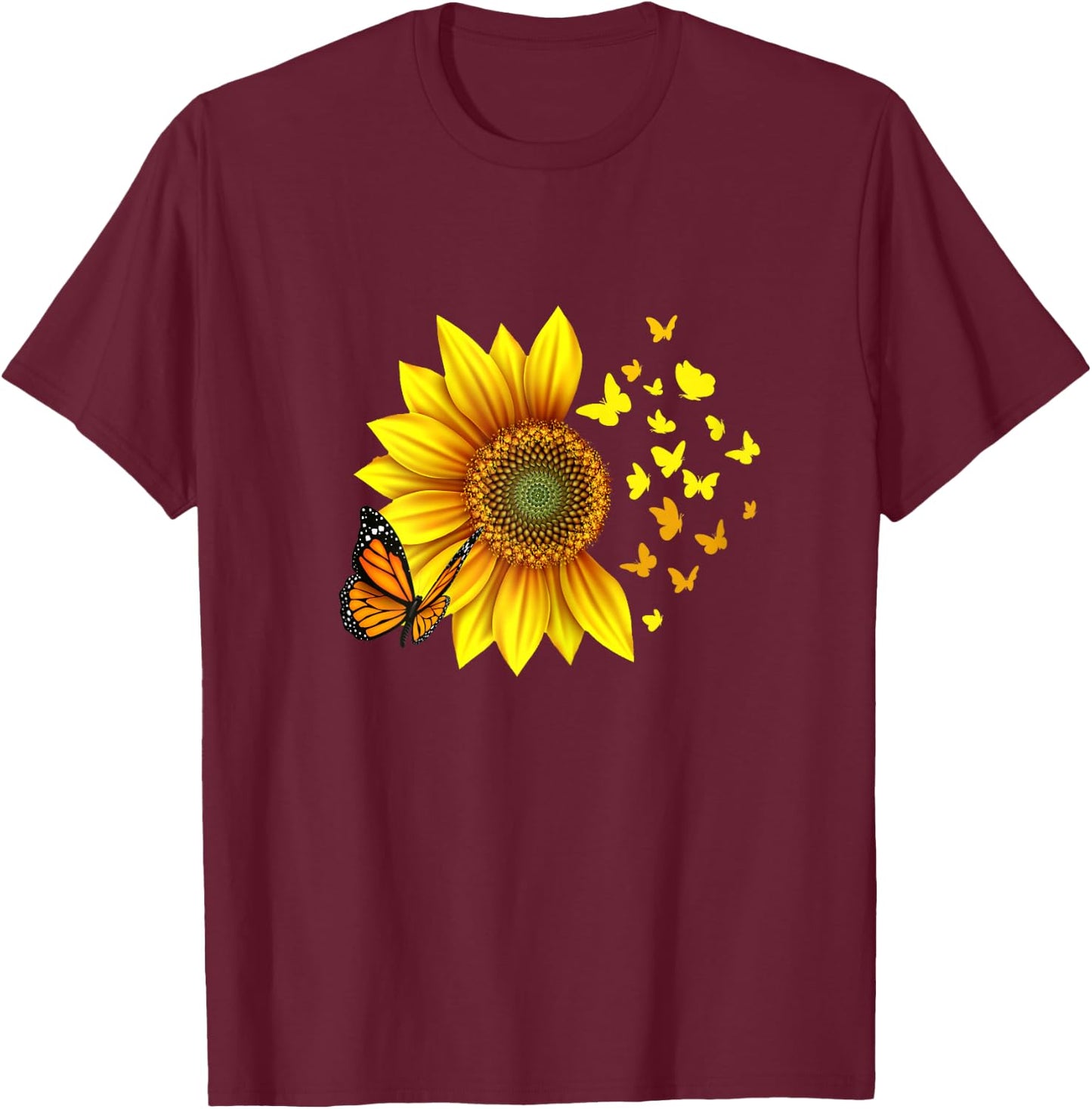 Woman, Girls, Teenager, Kids Design Sunflower Butterflies T-Shirt - T-Shirt | Maroon
