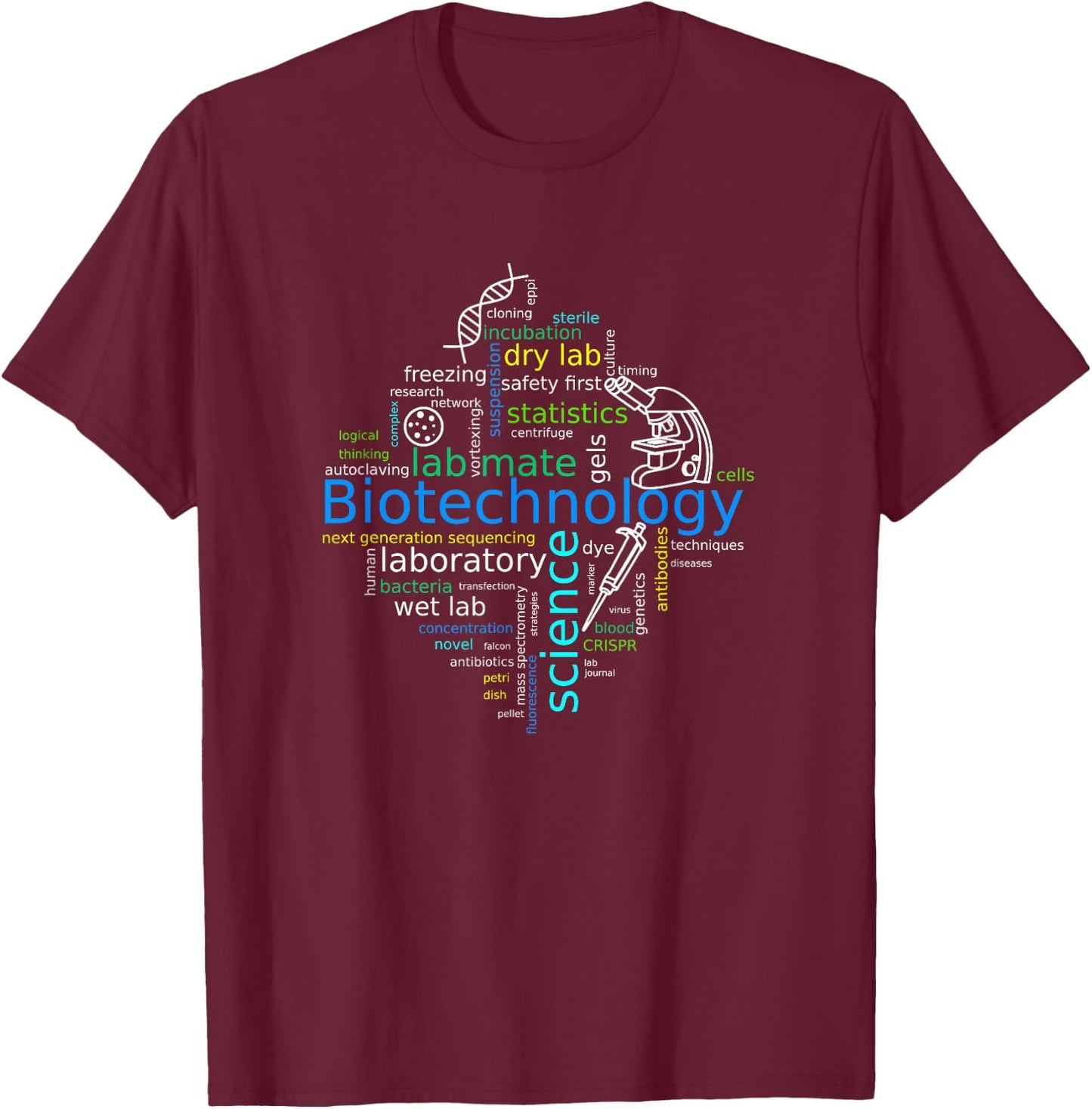 Word cloud biotech with microscope, pipette and dna T-Shirt - T-Shirt | Maroon