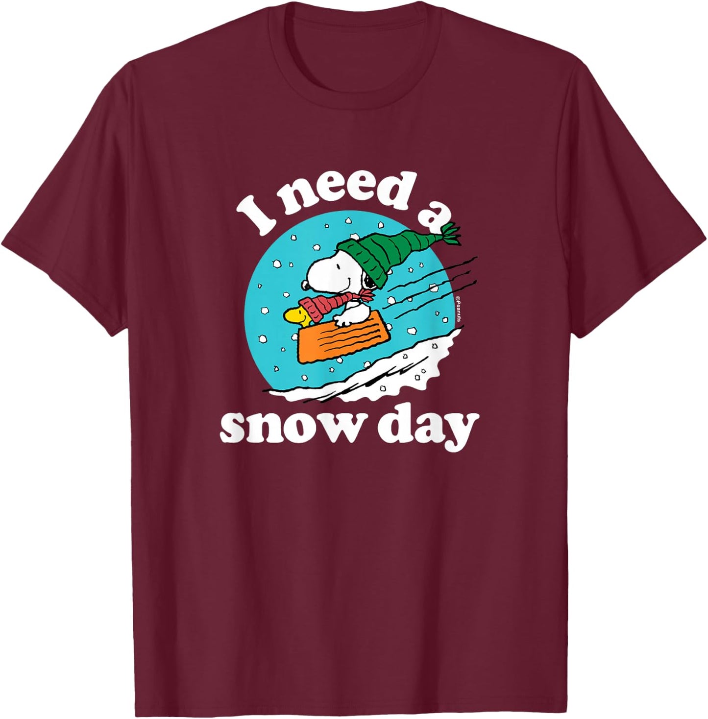 Peanuts - Christmas Snoopy - I Need A Snow Day T-Shirt - T-Shirt | Maroon