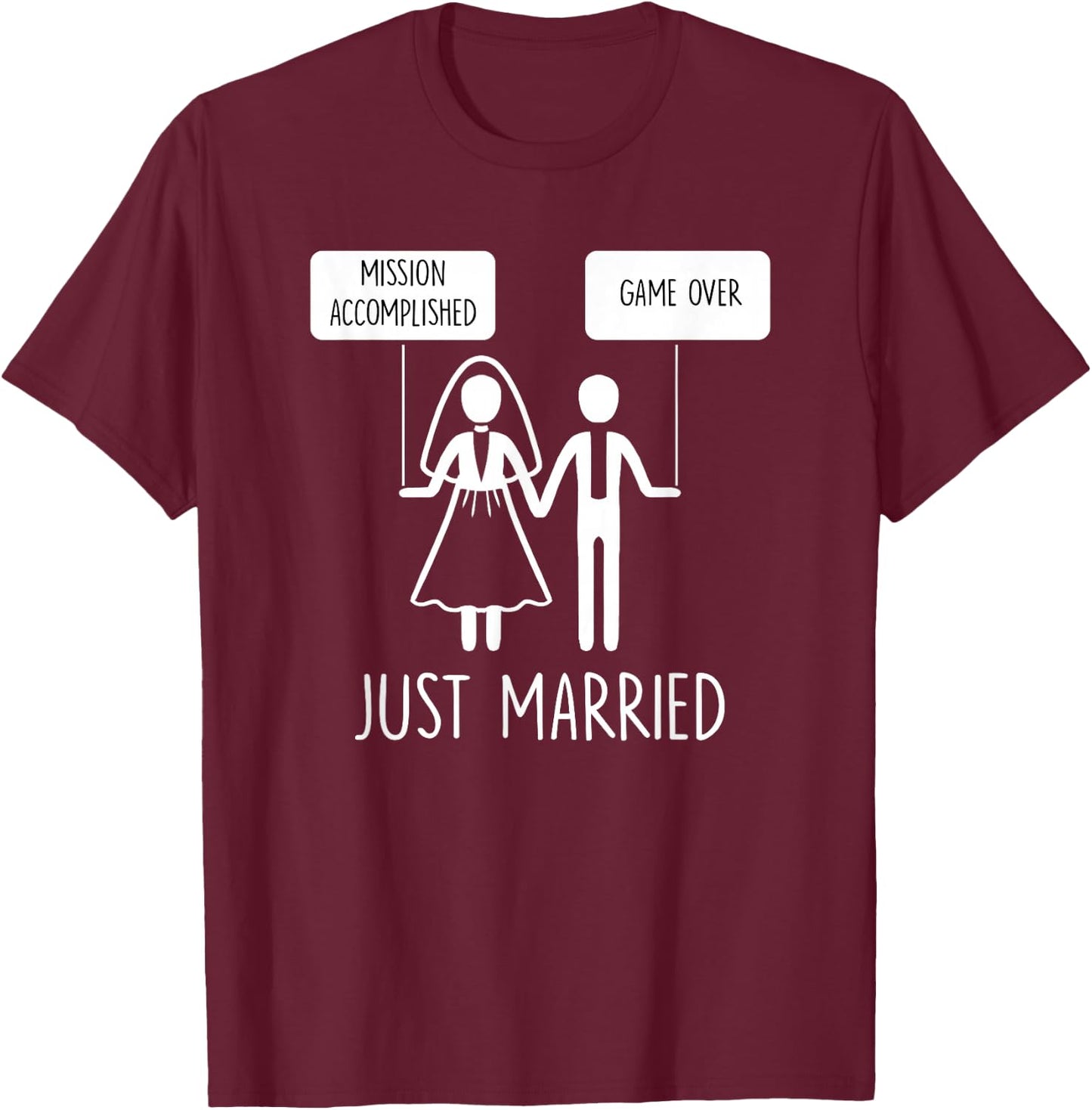 Just Married Game Over Bride Groom Line Art Minimal Men Gift T-Shirt - T-Shirt | Maroon