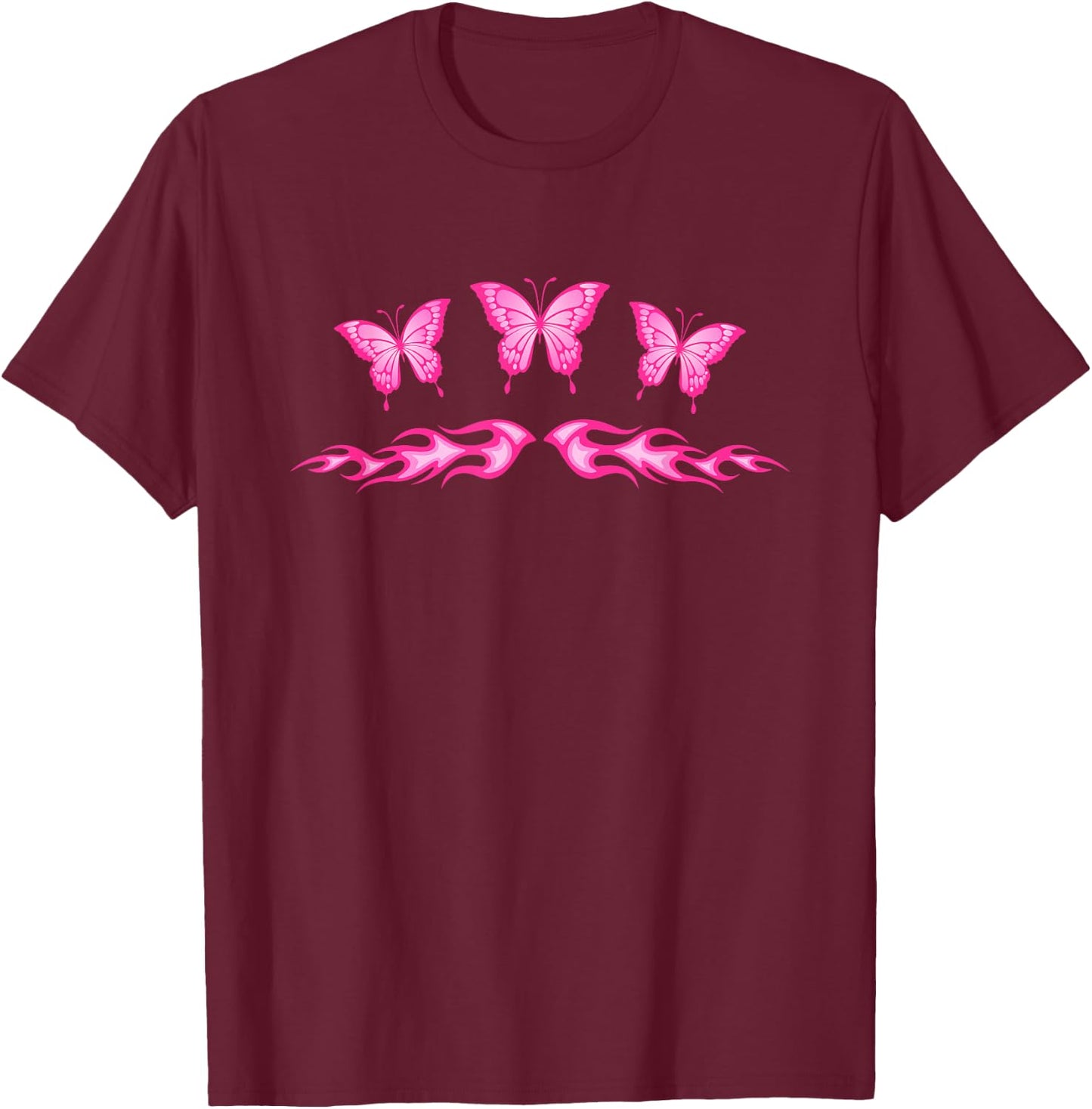 Fairycore Pink Butterfly Tattoo Flames y2k Egirl Aesthetic T-Shirt - T-Shirt | Maroon