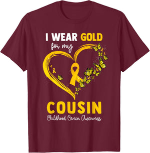 I Wear Gold For My Cousin Childhood Cancer Heart Ribbon T-Shirt - T-Shirt | Maroon