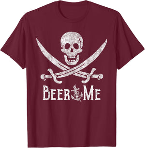 Beer Me Adult Humor Pirate Skull Distressed Funny Drinking T-Shirt - T-Shirt | Maroon