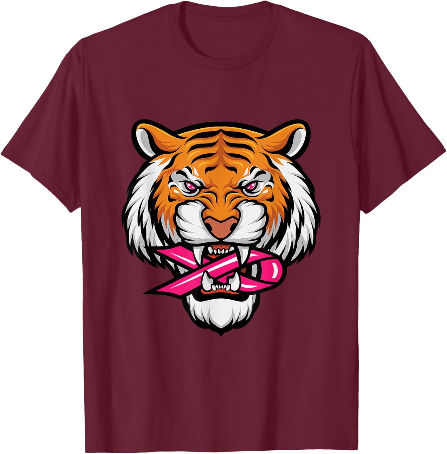 Tiger Pink Ribbon Breast Cancer Awareness Animal Warrior T-Shirt - T-Shirt | Maroon
