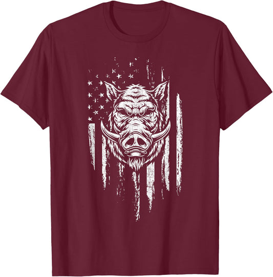 Wild Hog Hunting American Flag Pig Slayer Boar Hunter Gift Men T-Shirt - T-Shirt | Maroon