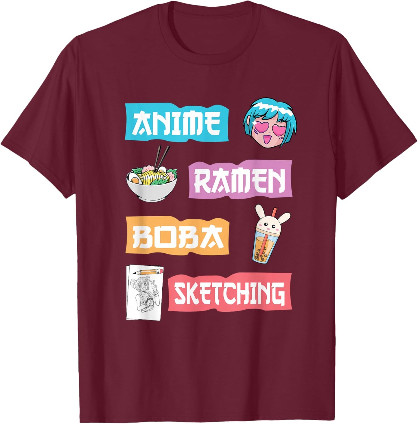 Anime Ramen Boba Sketching - Kawaii Anime Lover Merch Gift Small T-Shirt - T-Shirt | Maroon