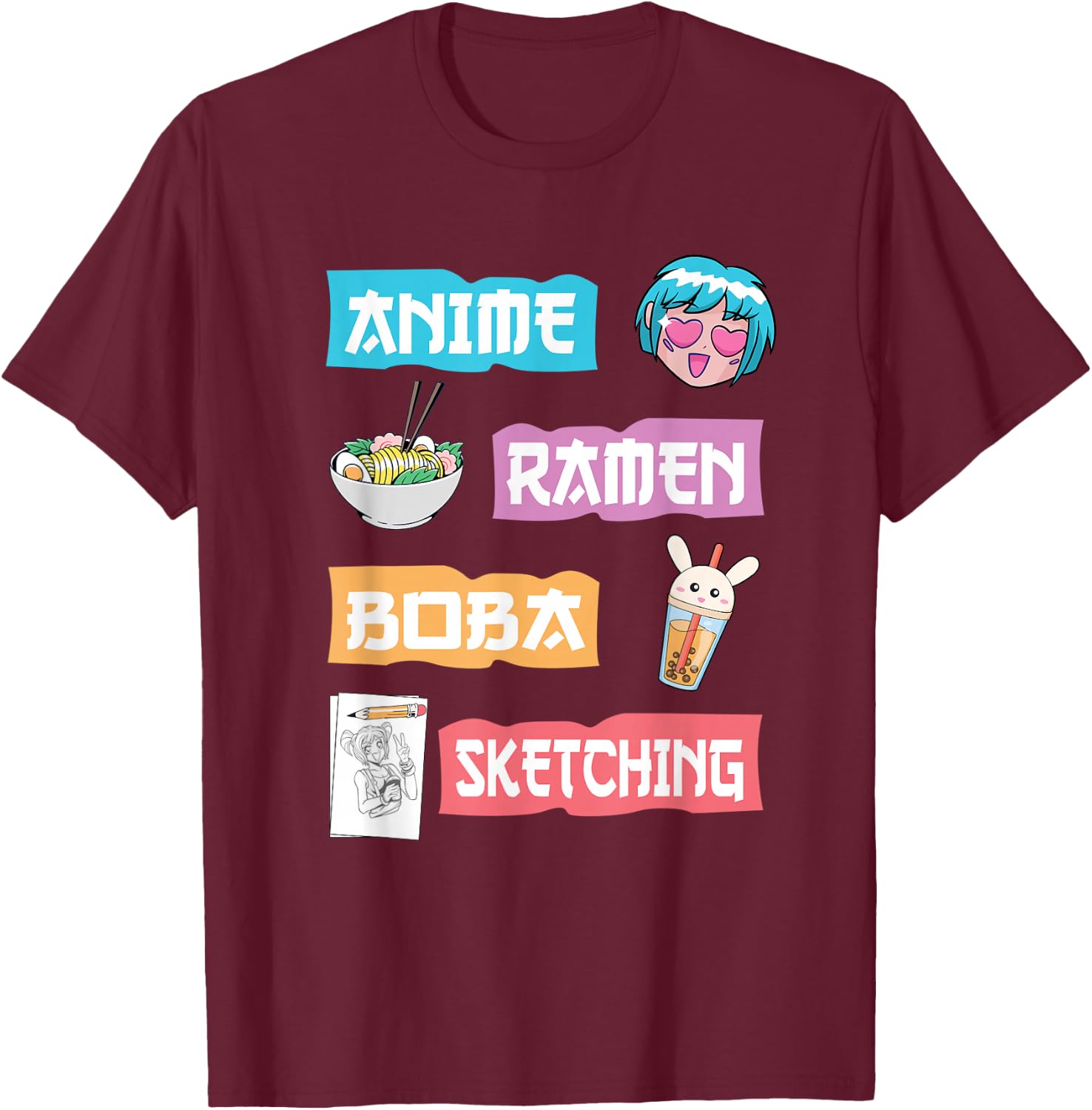 Anime Ramen Boba Sketching - Kawaii Anime Lover Merch Gift Small T-Shirt - T-Shirt | Maroon