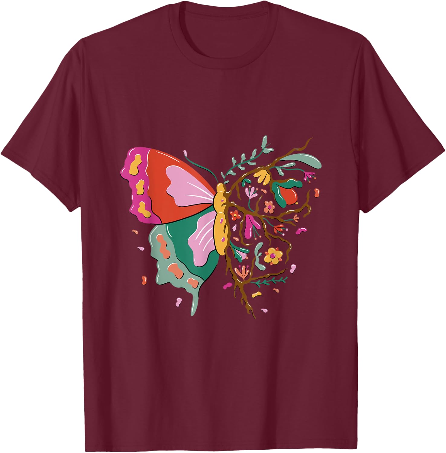 Butterfly in nature design with flowers T-Shirt - T-Shirt | Maroon