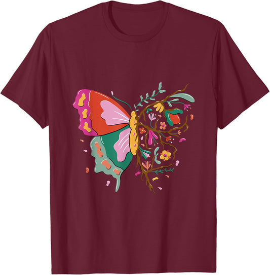 Butterfly in nature design with flowers T-Shirt - T-Shirt | Maroon