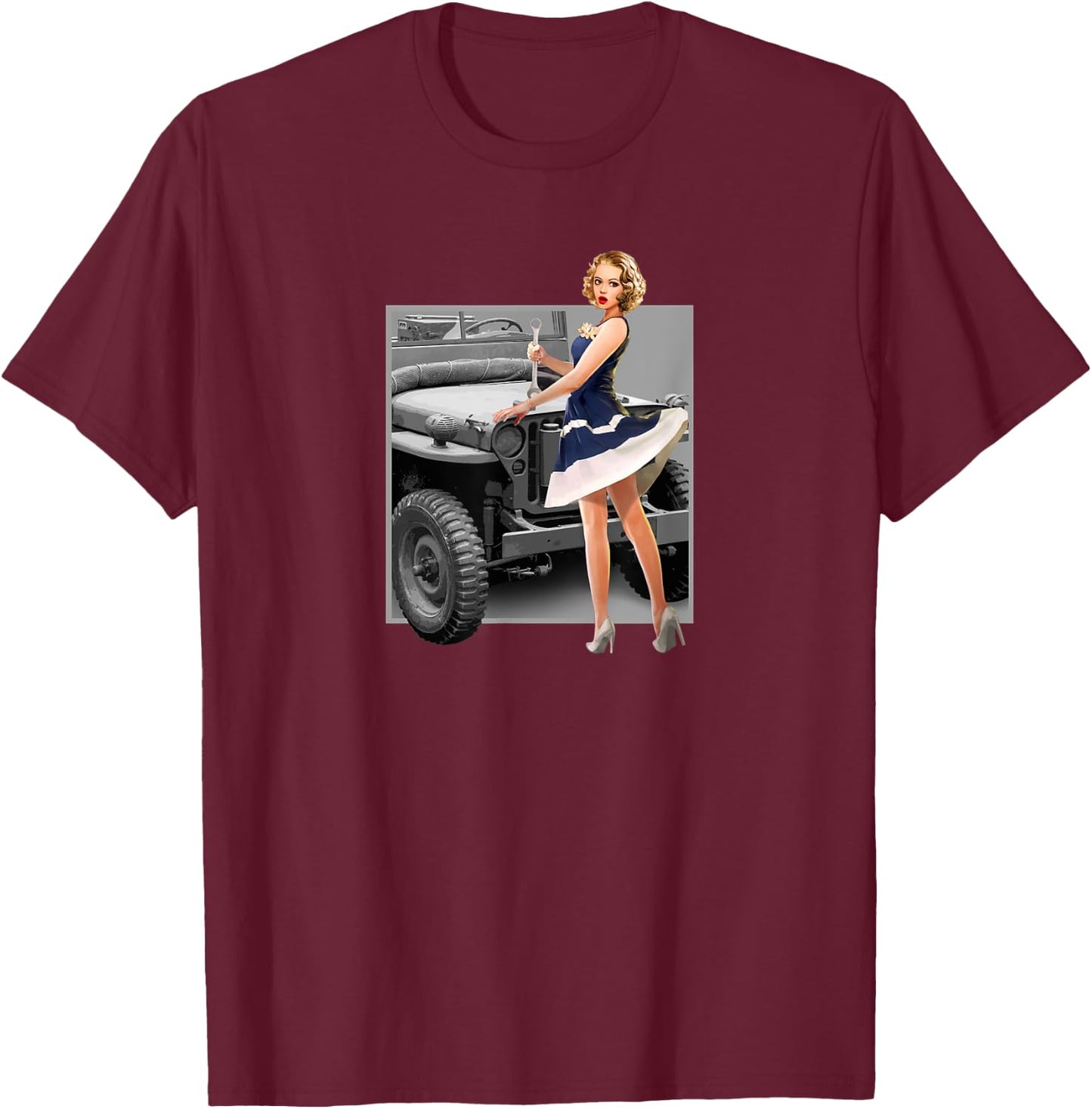 Pin up Girls Willys MB WW2 Poster Vintage T-Shirt - T-Shirt | Maroon