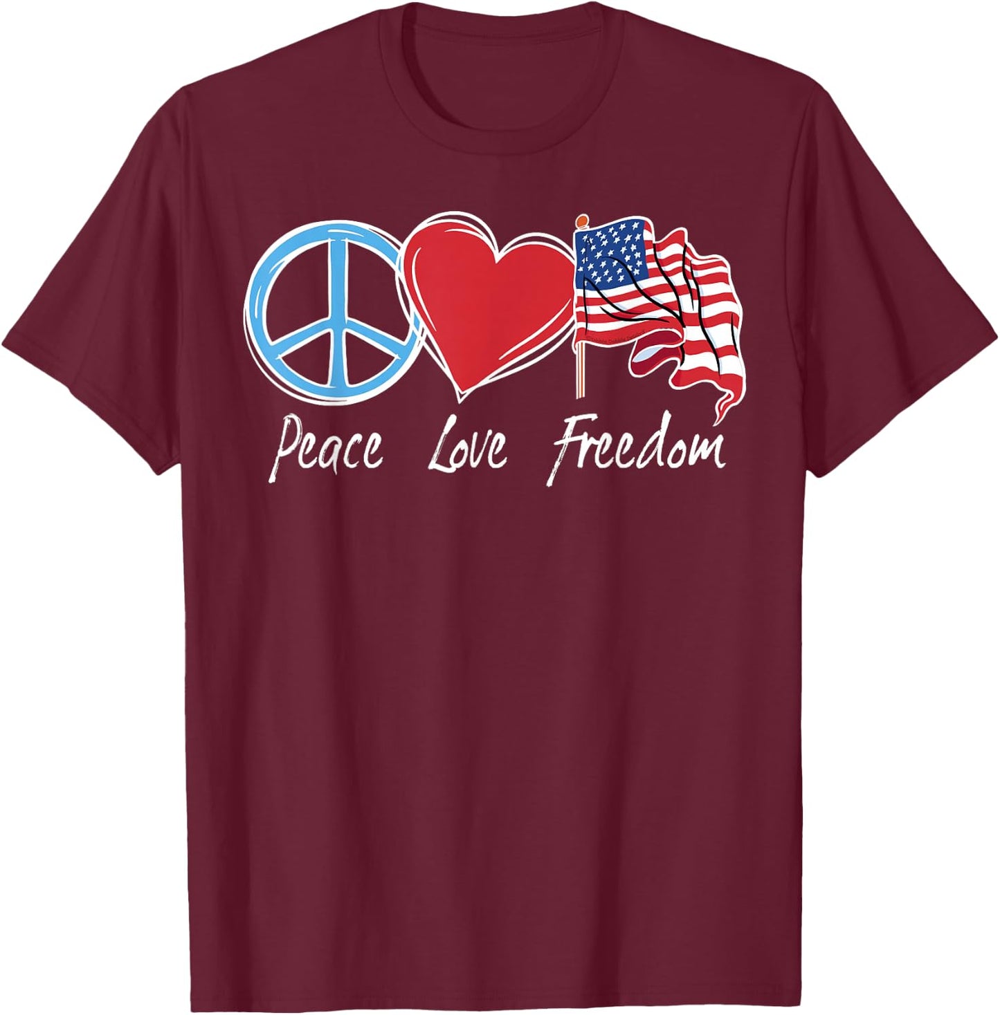 Patriotic Retro Peace Love Freedom USA Flag 4th of July T-Shirt - T-Shirt | Maroon