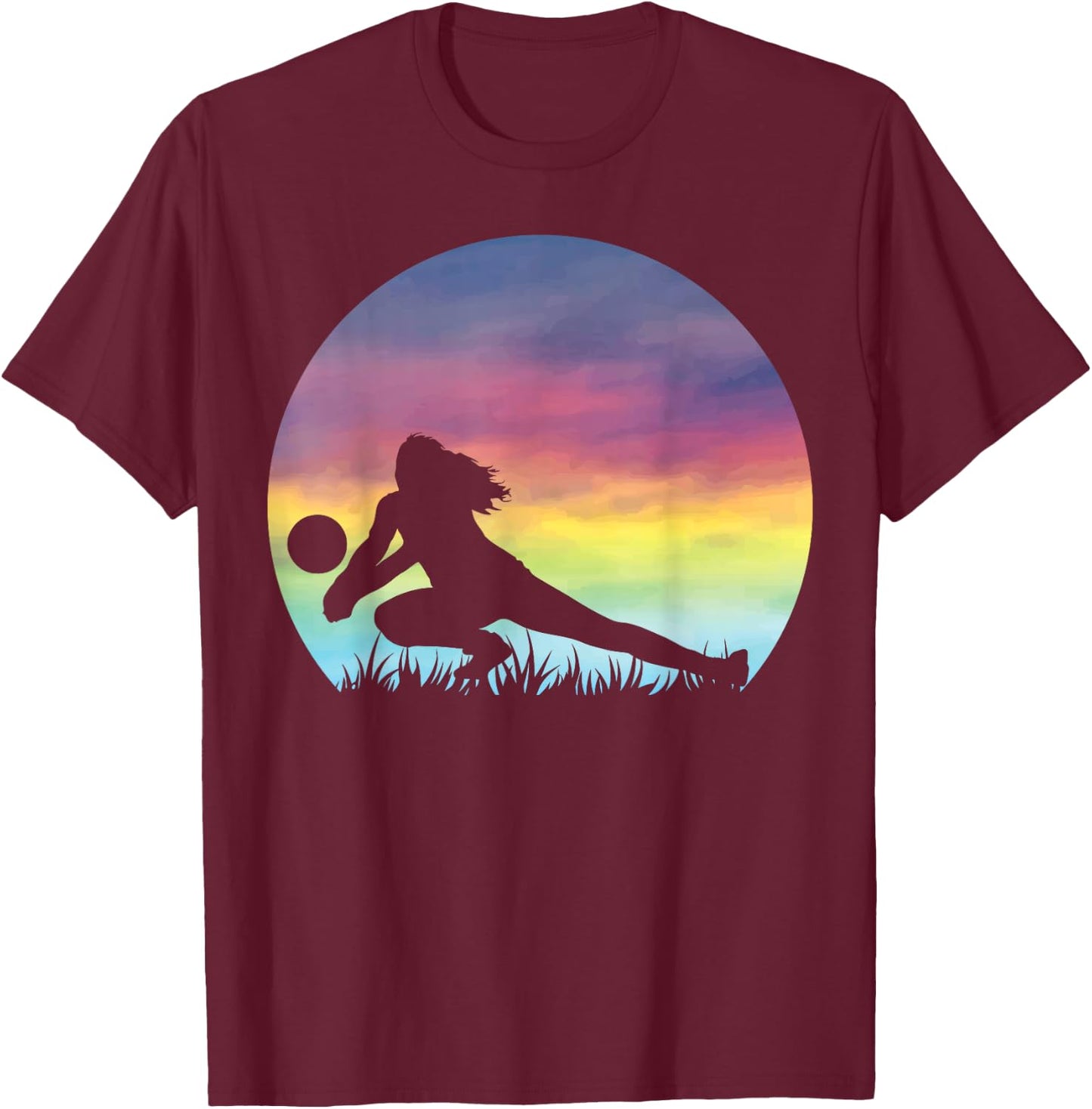 Women's Volleyball Silhouette Colorful Retro Sunset Girls T-Shirt - T-Shirt | Maroon