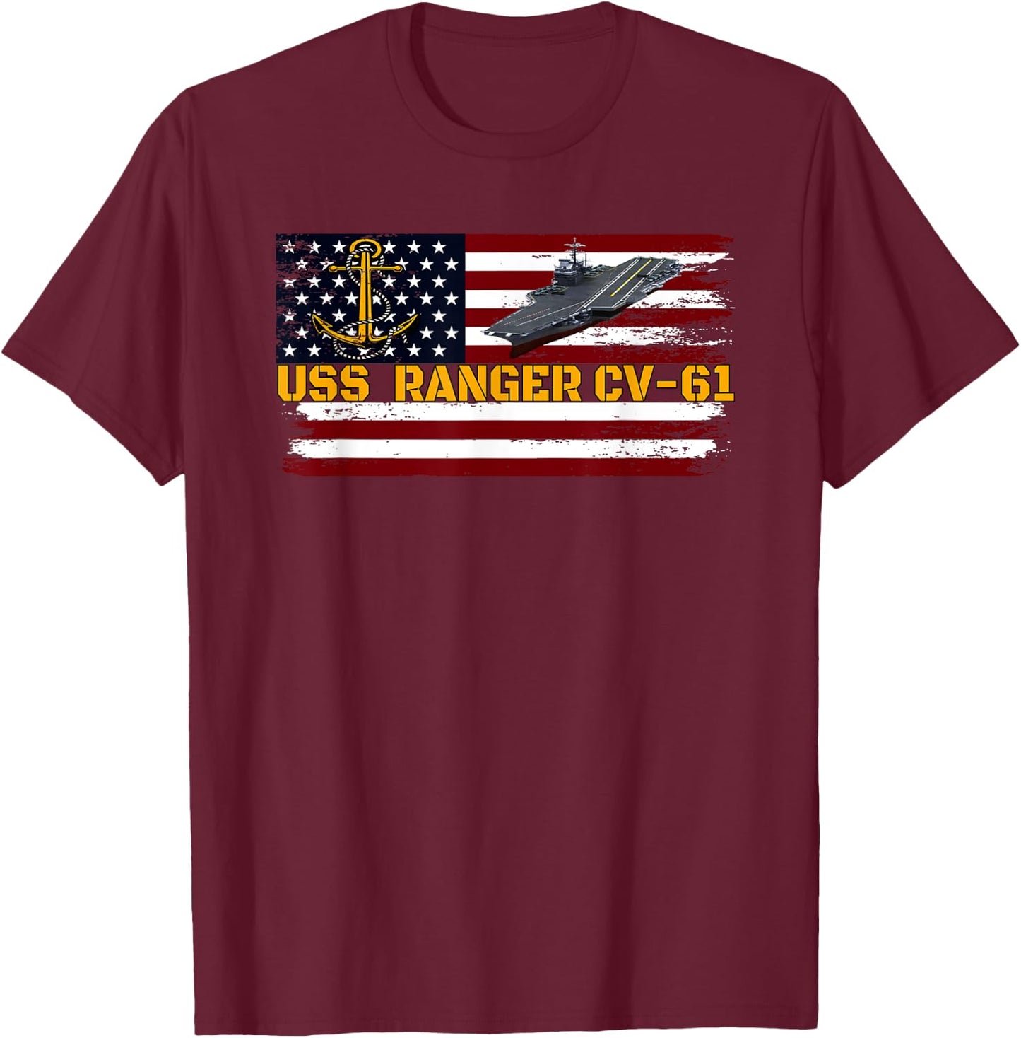 Aircraft Carrier USS Ranger CV-61 Veterans Day Father's Day T-Shirt - T-Shirt | Maroon