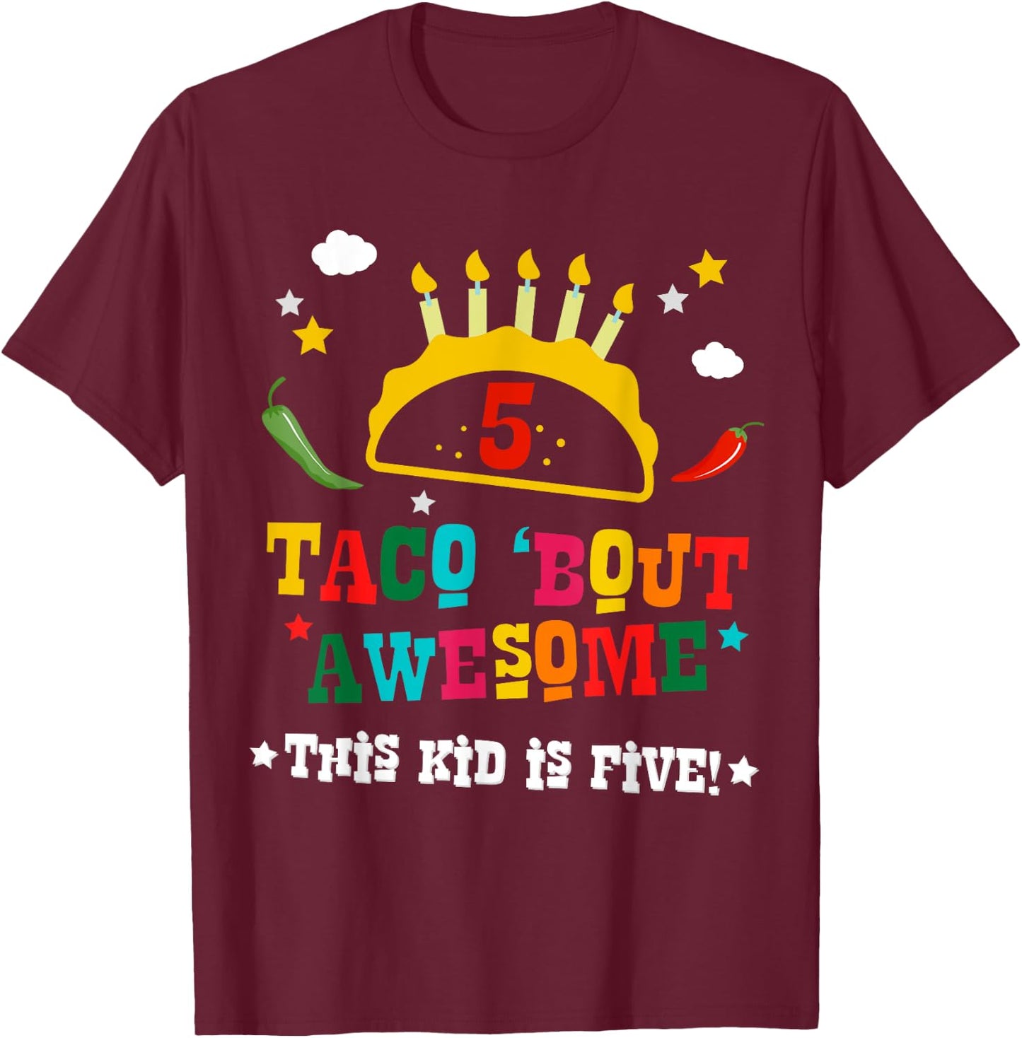 5th Birthday Taco Bout Awesome Shirt for Boys Party Gift T-Shirt - T-Shirt | Maroon