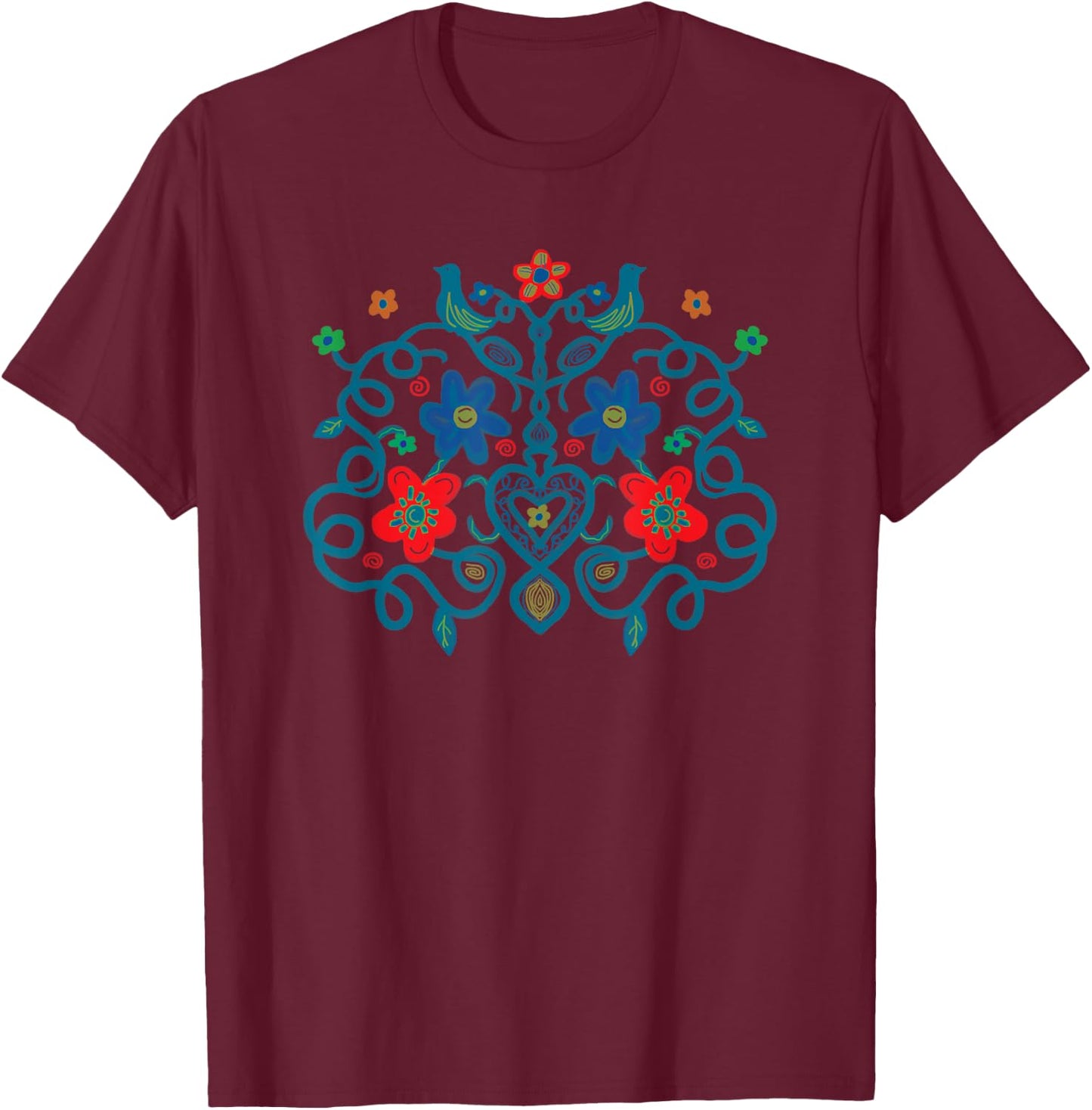 Swedish Folk Art Style Painting Birds Vines Flowers Hearts T-Shirt - T-Shirt | Maroon