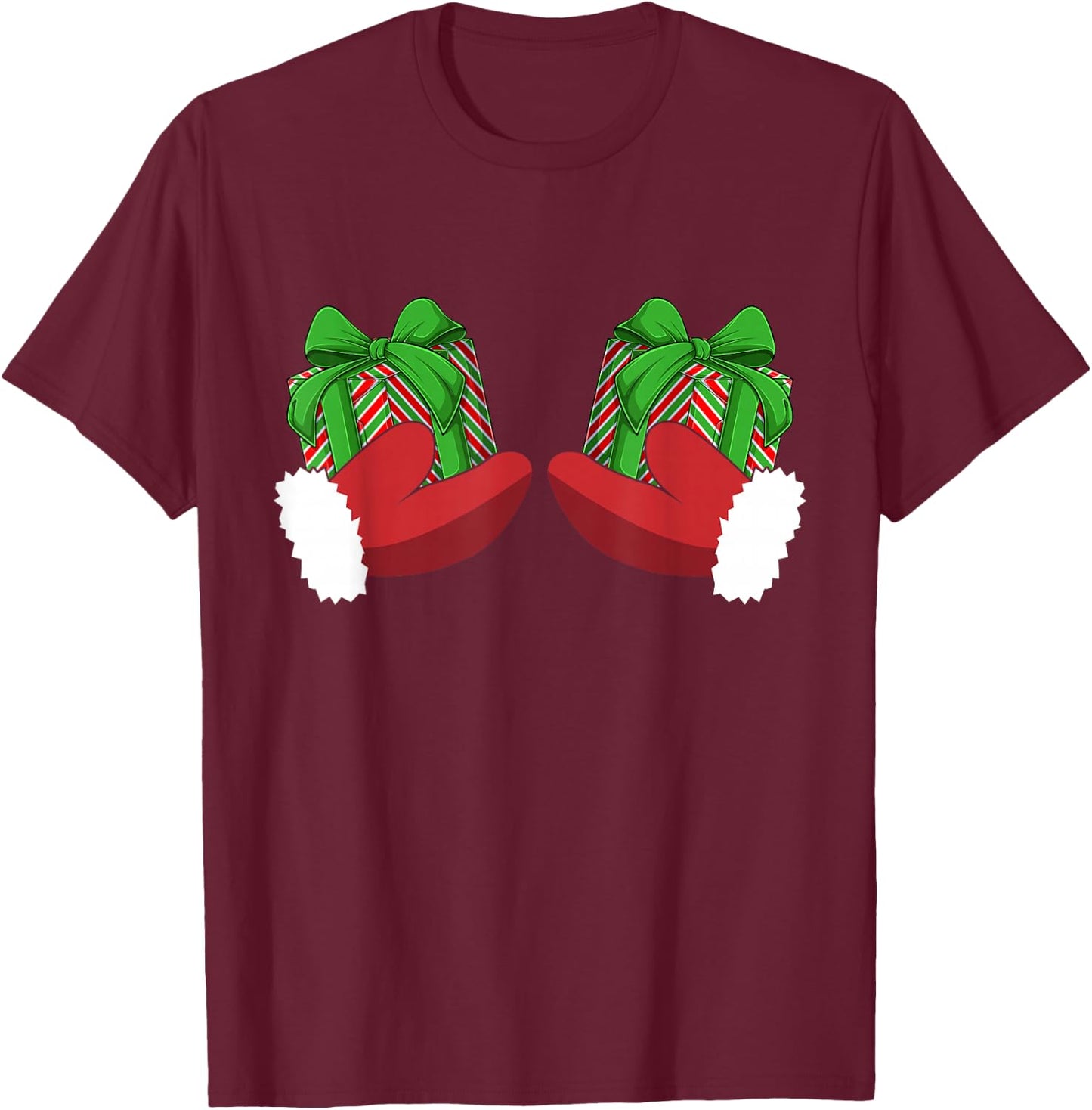 Christmas Boobs Santa Hands Holding Gifts Hand Bra Adult T-Shirt - T-Shirt | Maroon