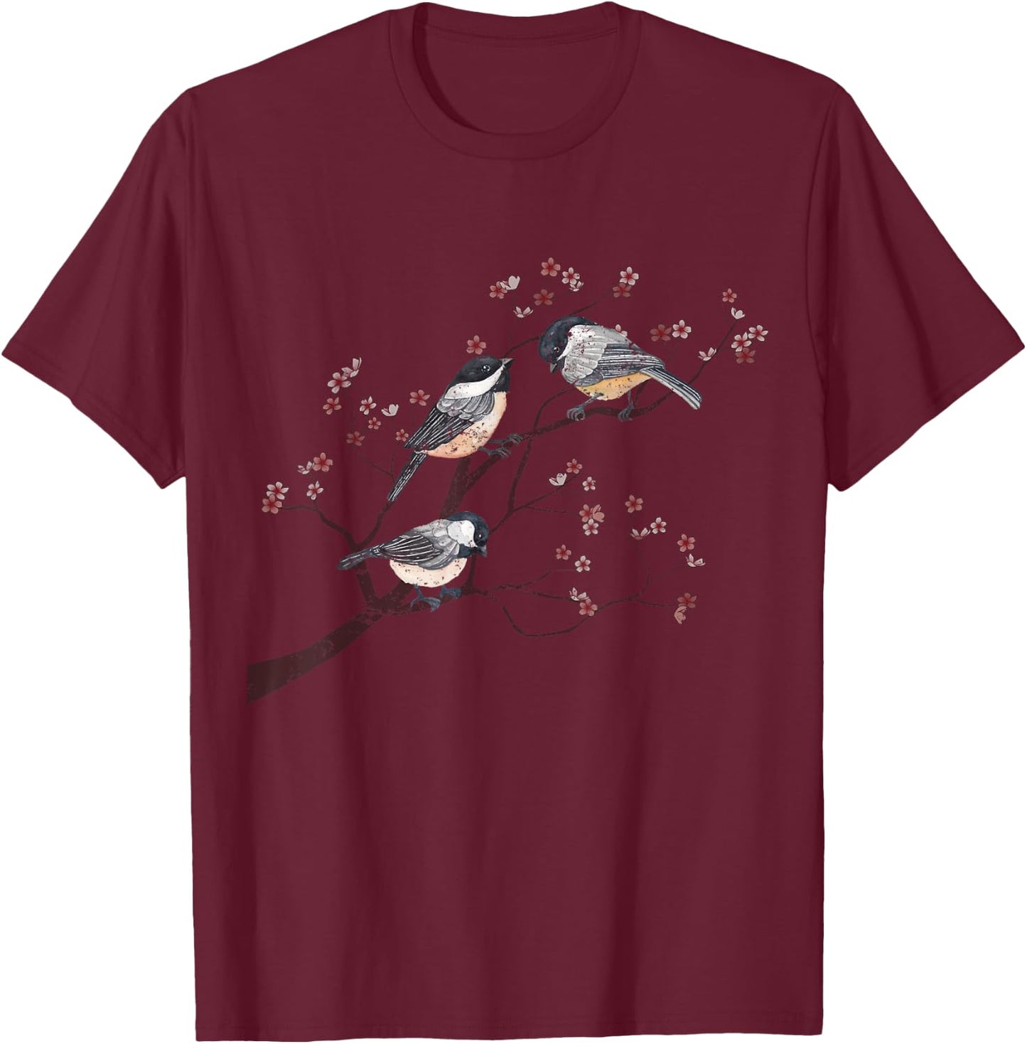 Bird Watcher Chickadee Vintage Nature Blossom Birds T-Shirt - T-Shirt | Maroon