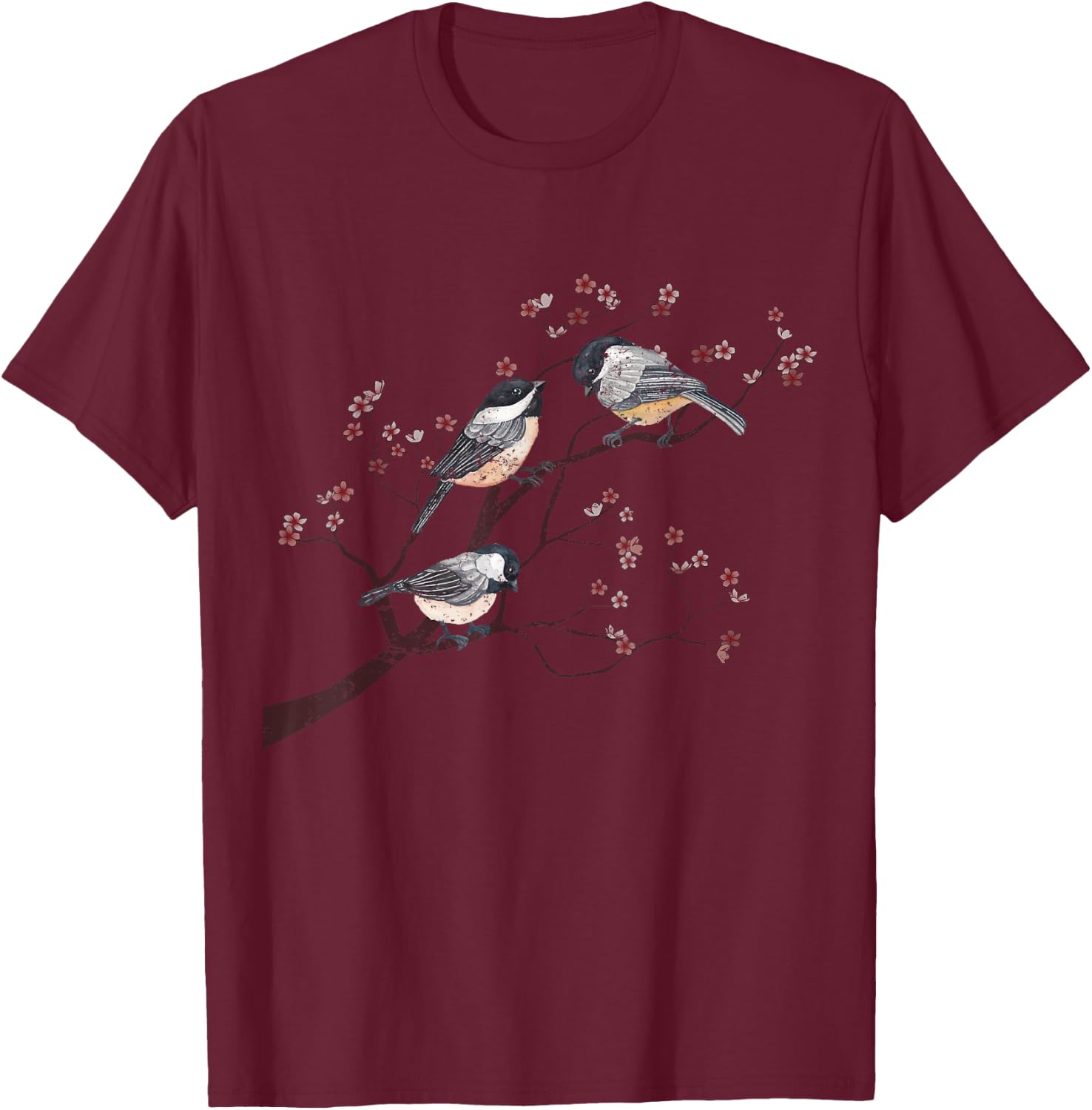 Bird Watcher Chickadee Vintage Nature Blossom Birds T-Shirt - T-Shirt | Maroon