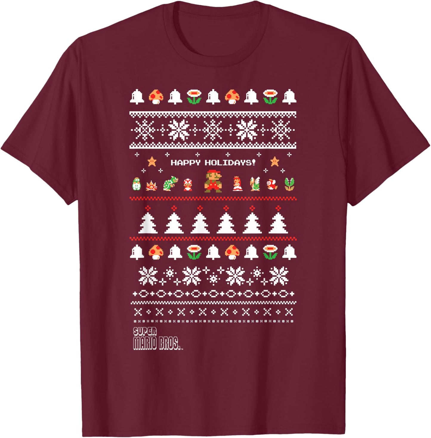 Super Mario Characters Group Ugly Christmas T-Shirt - T-Shirt | Maroon