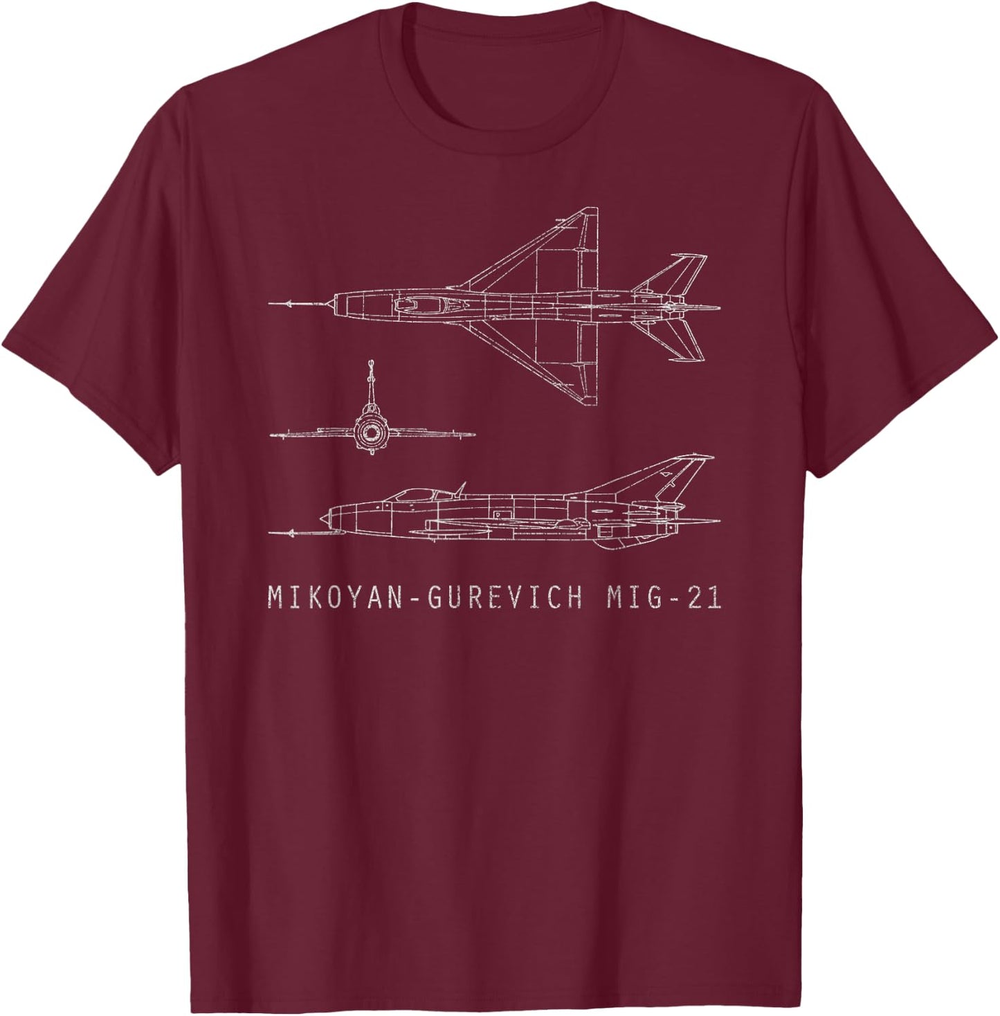 MiG 21 Russian Fighter Plane Vintage Diagram Art T-Shirt - T-Shirt | Maroon