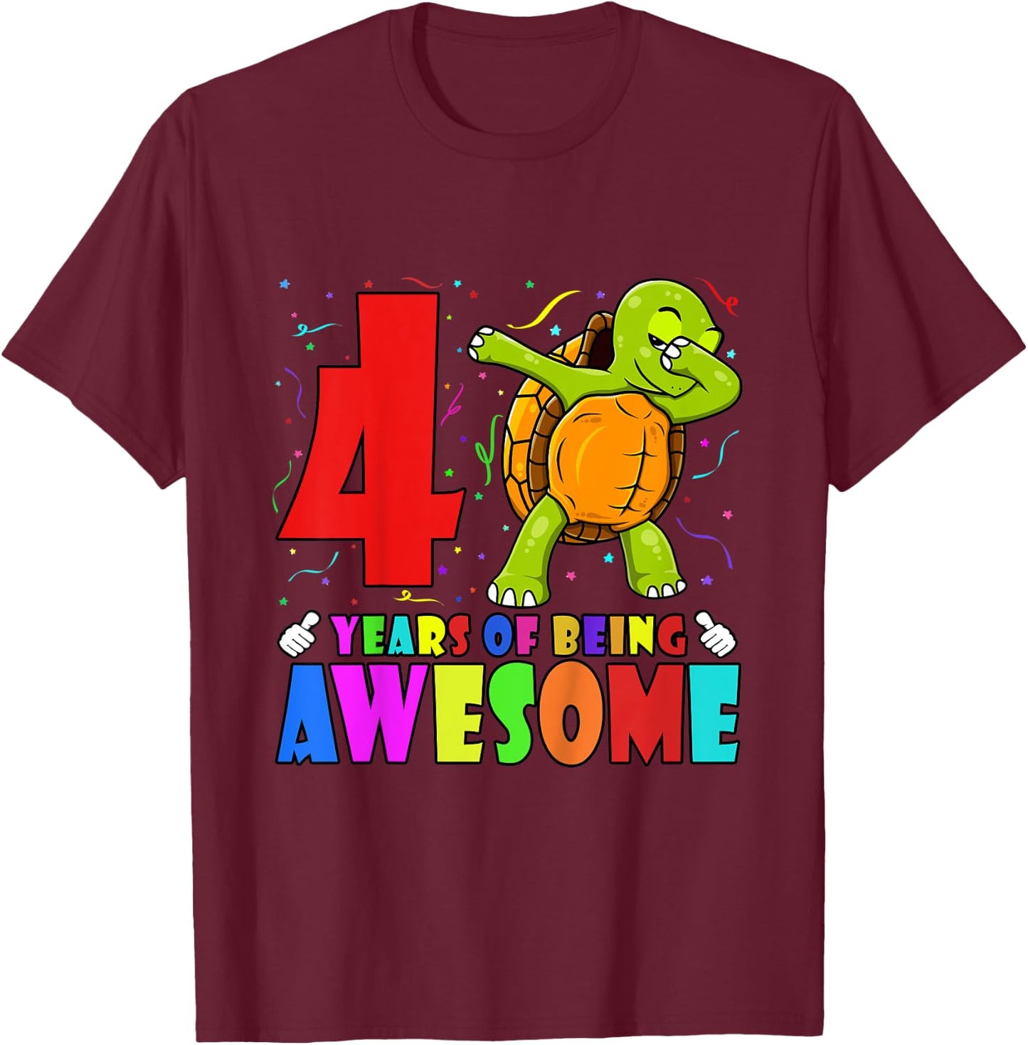 Kids 4th Birthday Party Dabbing Turtle - 4 Years Old Girls Boys T-Shirt - T-Shirt | Maroon