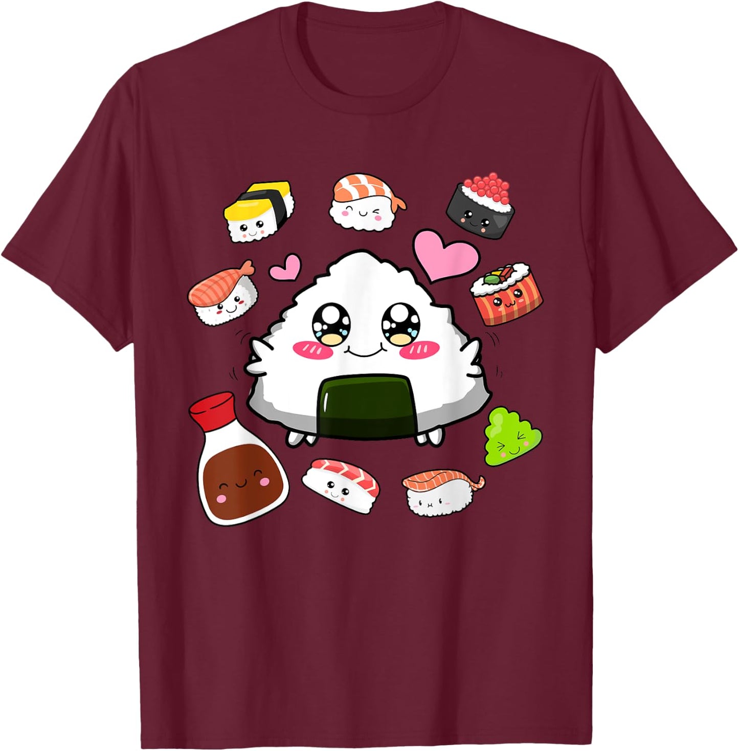 Kawaii Sushi Happy Funny Japanese Anime Cute Onigiri Sushi T-Shirt - T-Shirt | Maroon