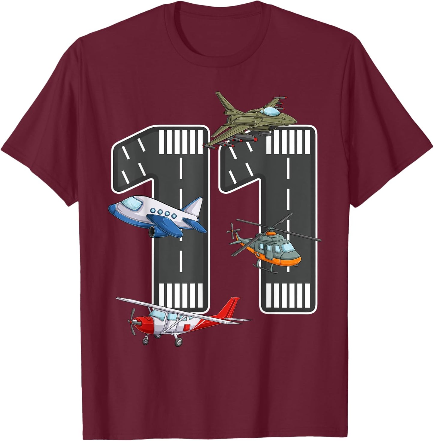 Little Pilot 11th Birthday Party 11 Eleven Year Old Airplane T-Shirt - T-Shirt | Maroon
