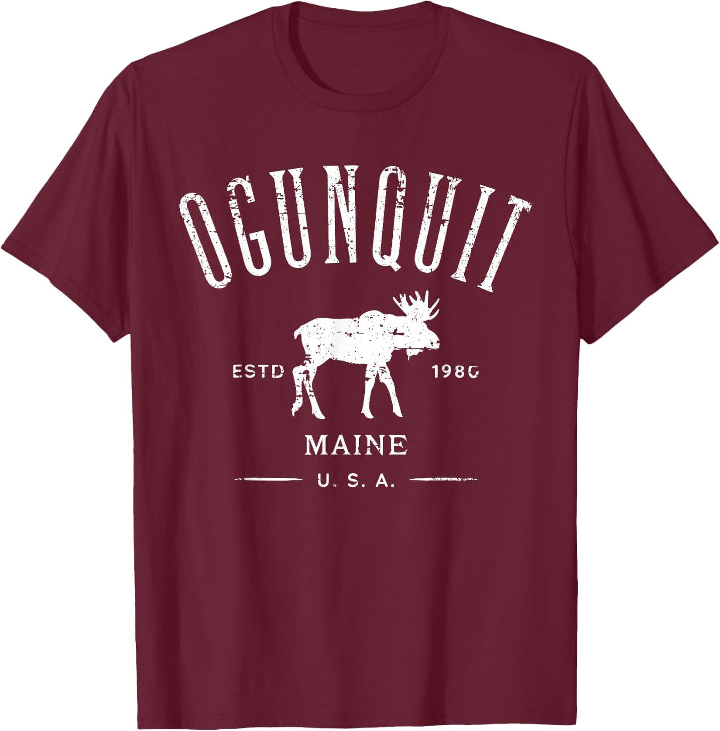 Ogunquit Maine USA with Moose Distressed Design Souvenir T-Shirt - T-Shirt | Maroon