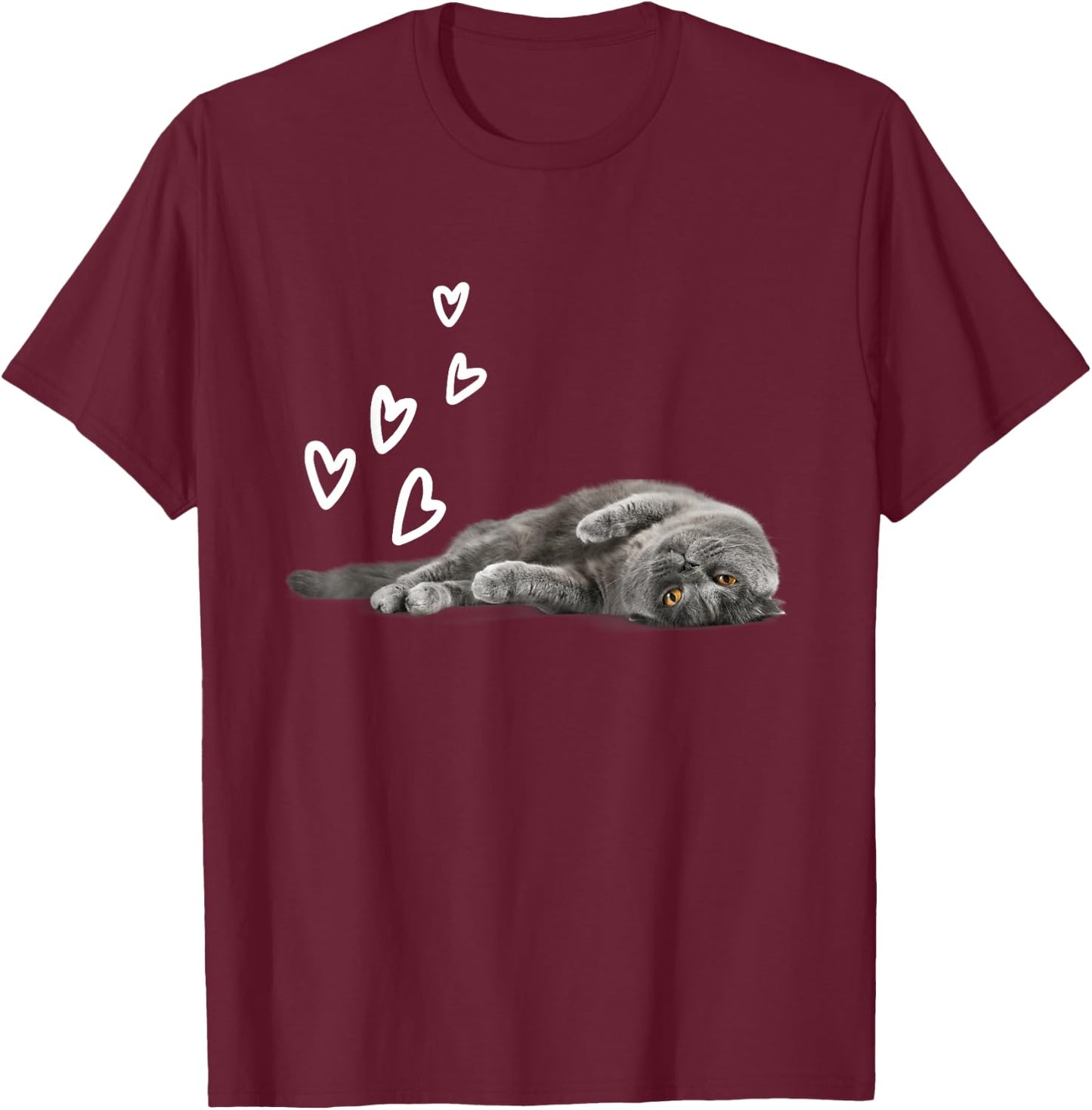 Cat British Shorthair Hearts Love T-Shirt - T-Shirt | Maroon