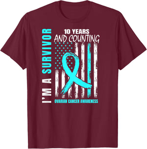 10 Years Cancer Free Teal Ribbon Ovarian Survivor Gifts Flag T-Shirt - T-Shirt | Maroon