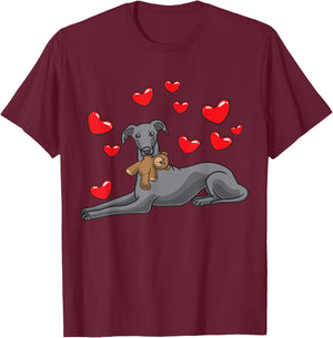 Italian Greyhound Dog With Stuffed Animal And Hearts T-Shirt - T-Shirt | Maroon