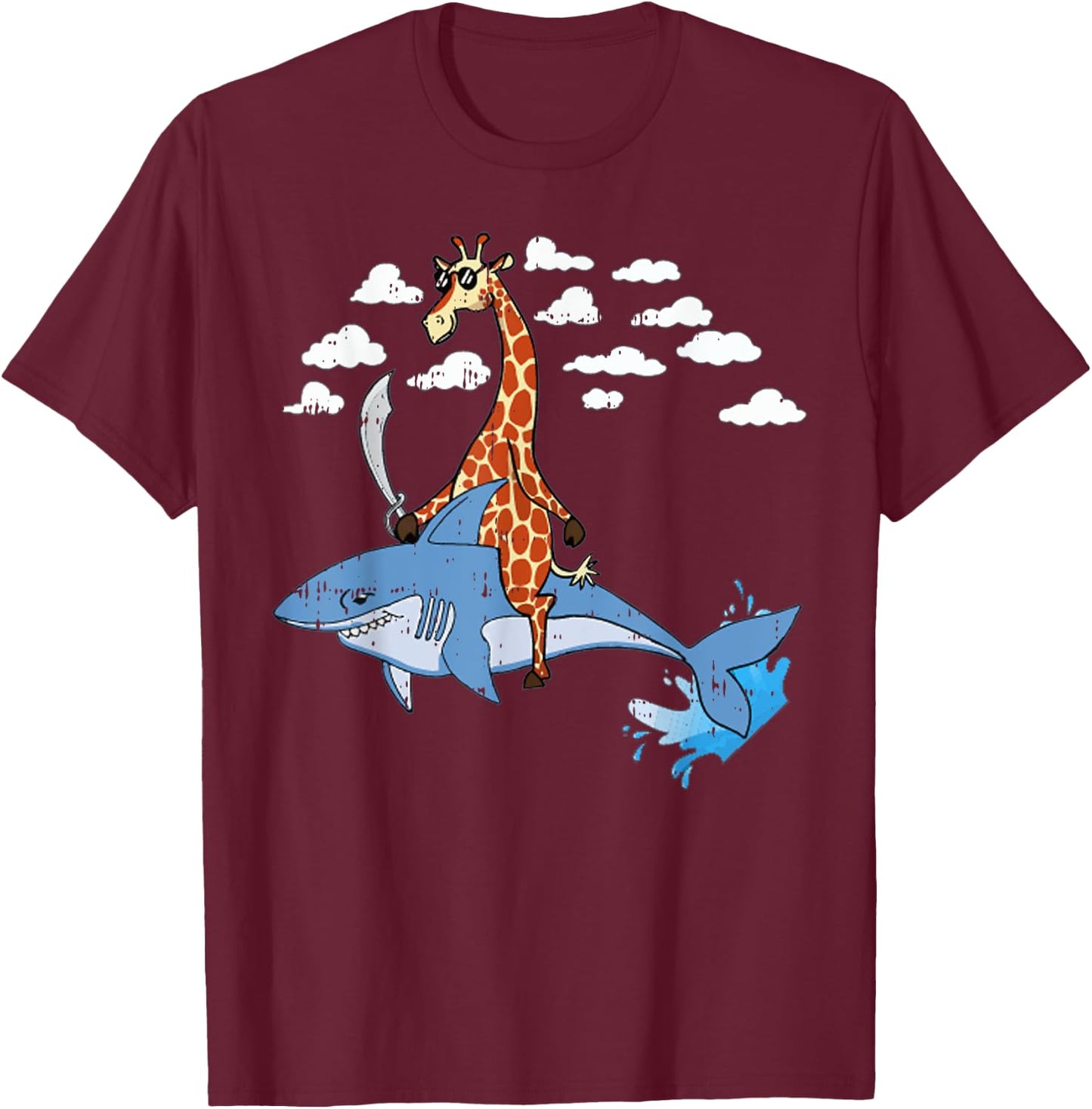 Giraffe Pirate Riding Shark Sword Cute Animal Halloween Gift T-Shirt - T-Shirt | Maroon