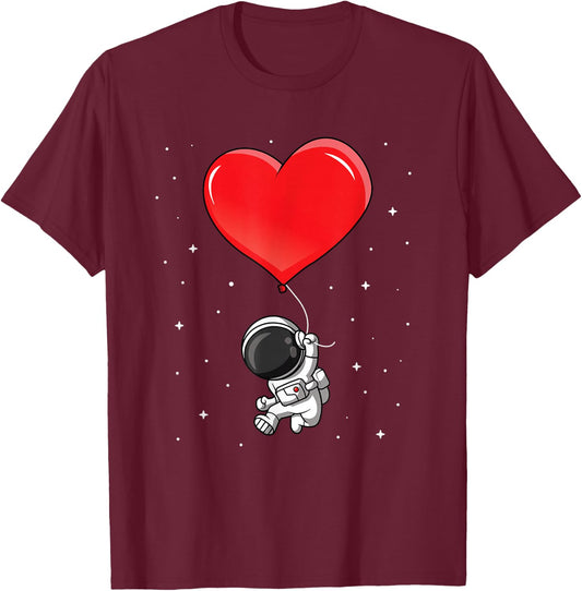 Kids Valentines Day Astronaut Holding Heart Balloon Space T-Shirt - T-Shirt | Maroon