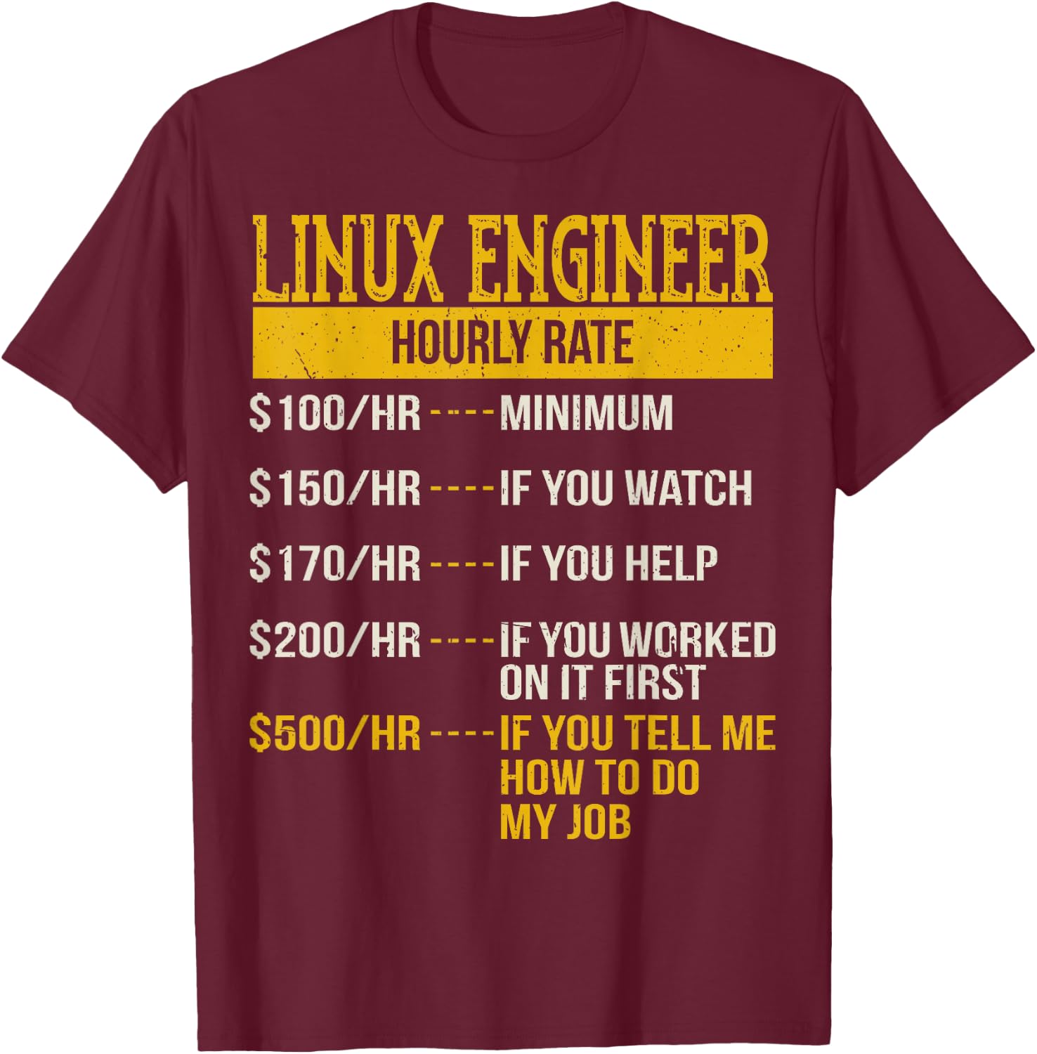 Hourly Rate Shirt for Linux Engineers, Unix Geek DevOps T-Shirt - T-Shirt | Maroon