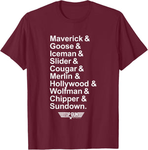 Top Gun Maverick & Goose & Iceman & Slider All Names Logo T-Shirt - T-Shirt | Maroon