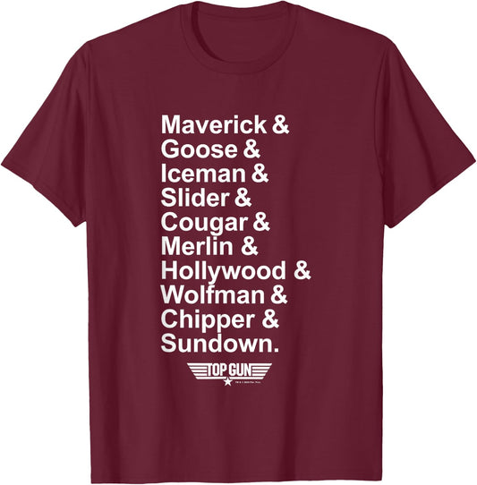 Top Gun Maverick & Goose & Iceman & Slider All Names Logo T-Shirt - T-Shirt | Maroon