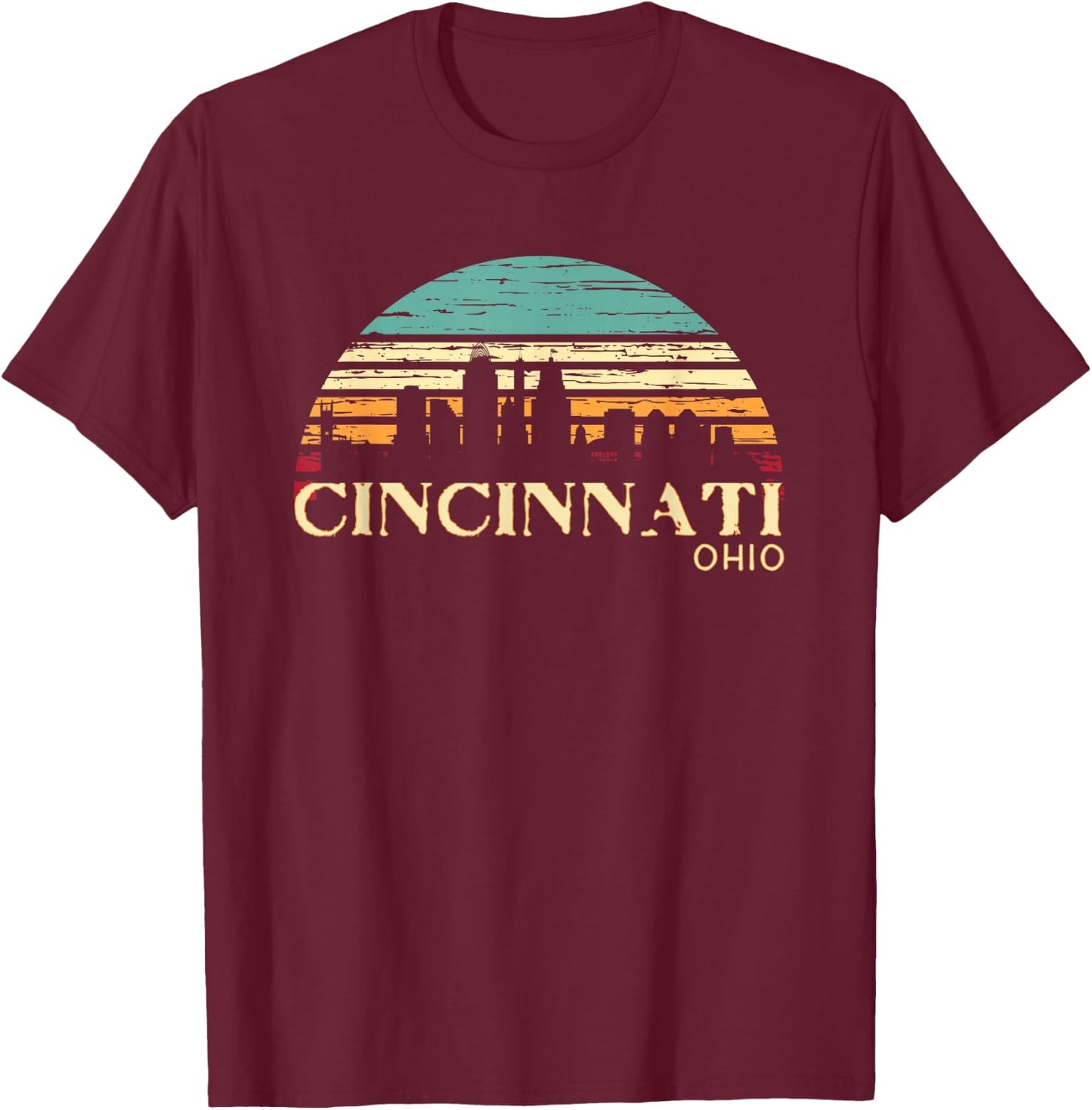 Retro Sunset Cincy Downtown Cincinnati Ohio Skyline Art Gift T-Shirt - T-Shirt | Maroon