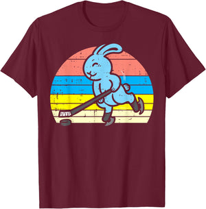 Easter Bunny Playing Ice Hockey Retro Sports Men Women Kids T-Shirt - T-Shirt | Maroon