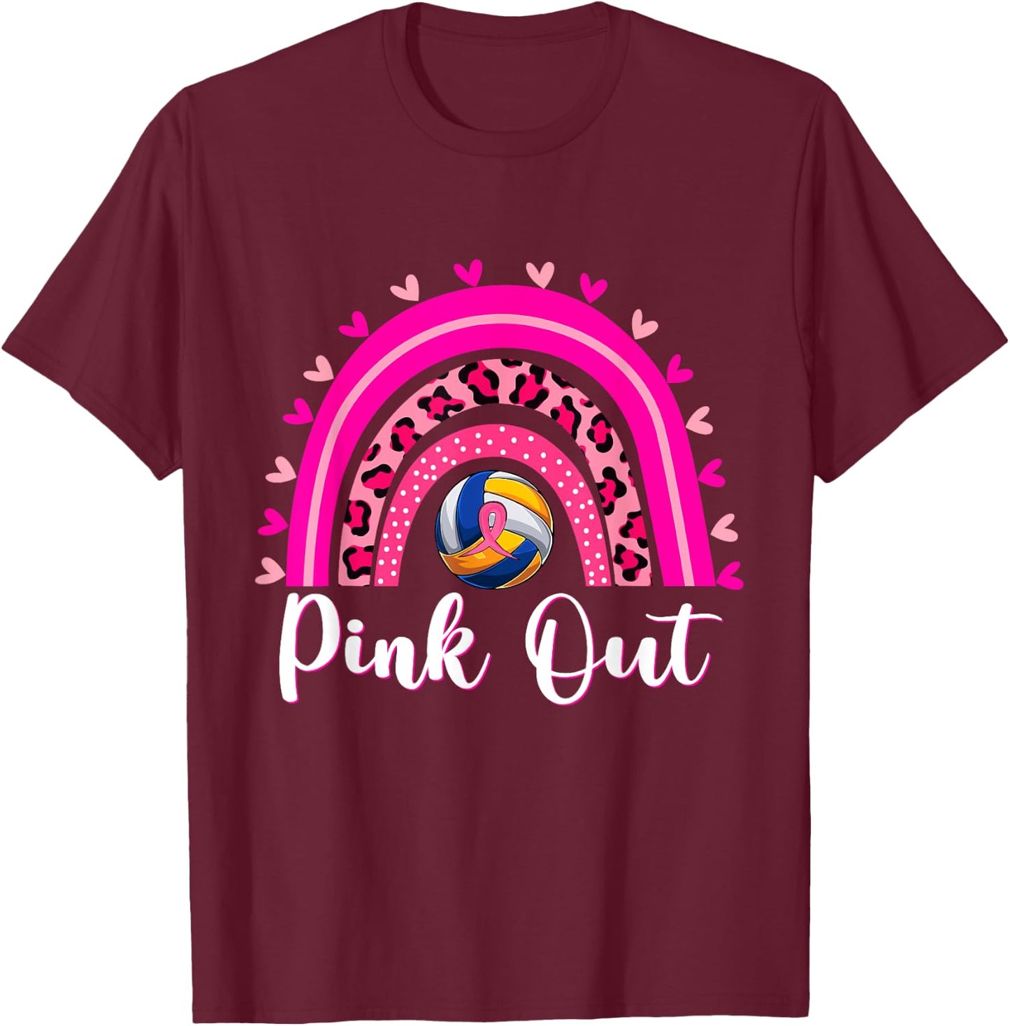 Pink Out Volleyball Lover Rainbow Breast Cancer Awareness T-Shirt - T-Shirt | Maroon