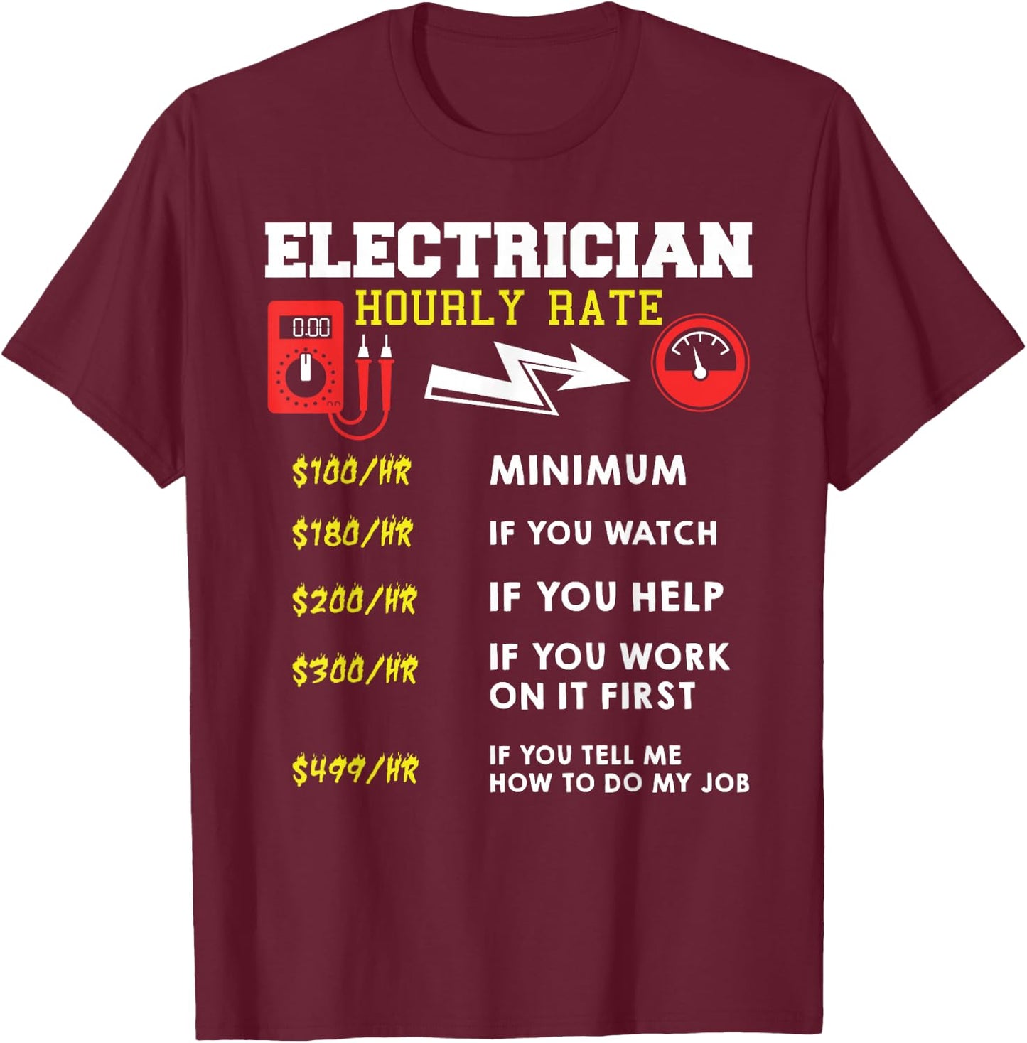Hourly Rate Gift Electrician | Funny Electrician T-Shirt - T-Shirt | Maroon