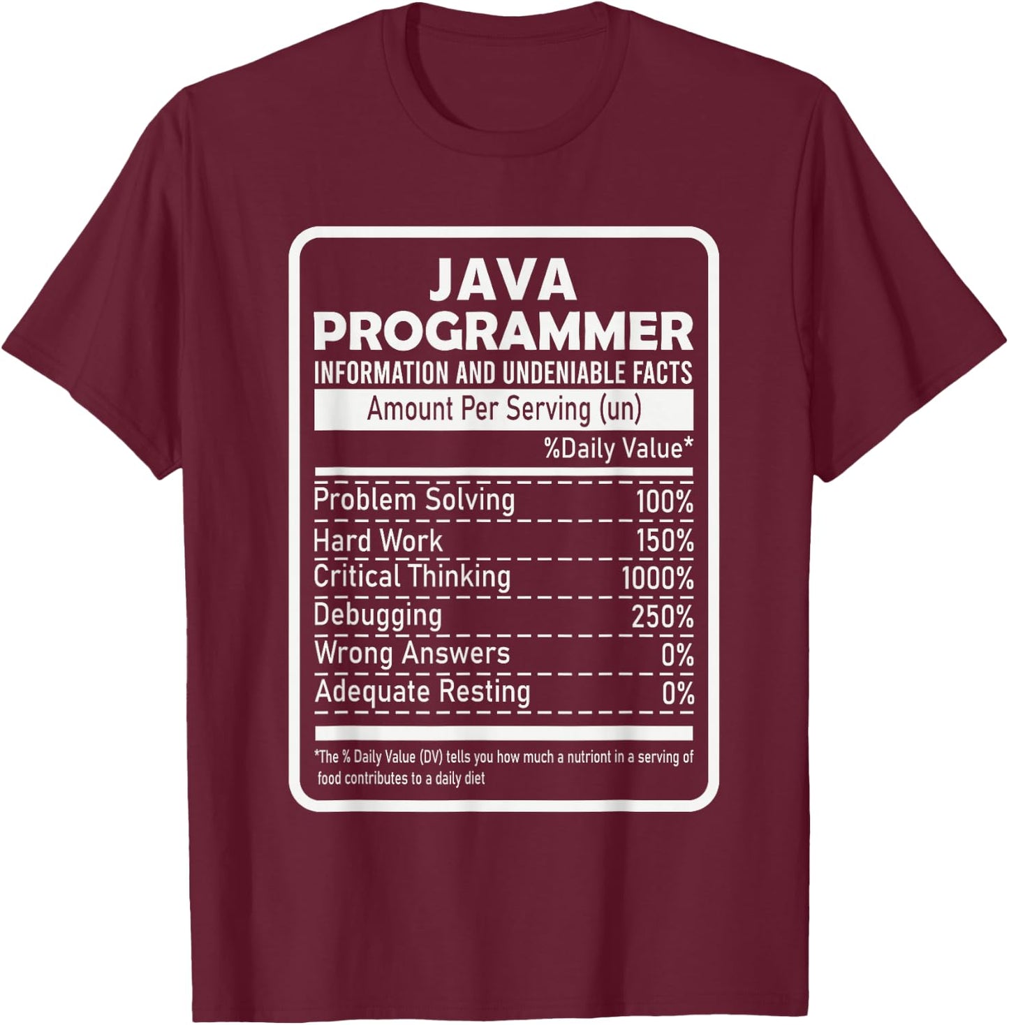 Funny Java Programmer Nutritional Facts Java Programming T-Shirt - T-Shirt | Maroon