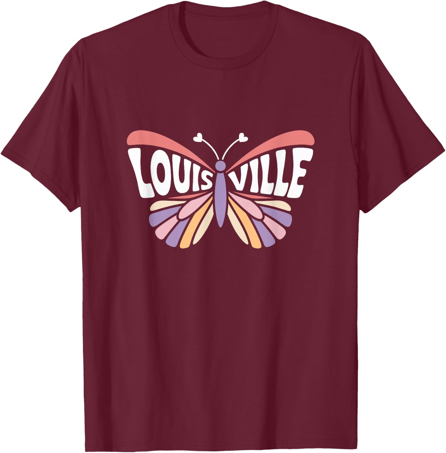 Louisville, Kentucky Butterfly - Pastel City Name Word Art T-Shirt - T-Shirt | Maroon