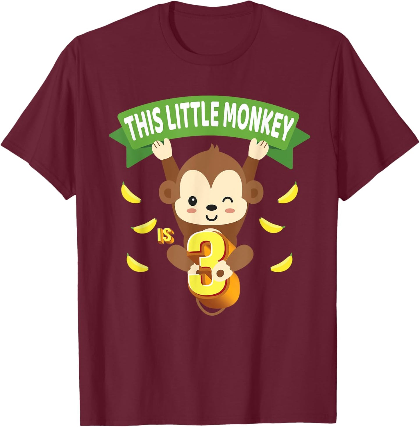 This Little Monkey Is 3 Years Old Kid 3rd Birthday Monkeys T-Shirt - T-Shirt | Maroon