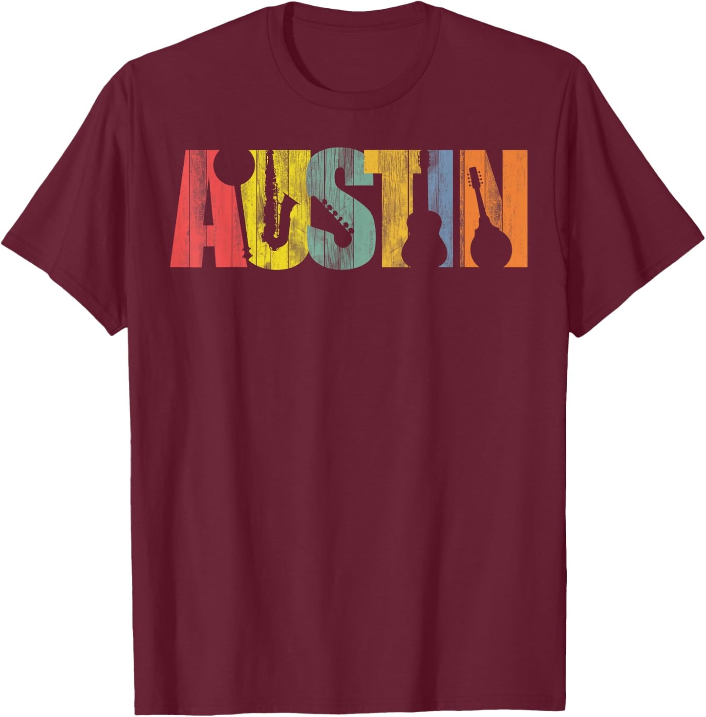 Austin Texas Distressed Vintage Musical Instrument Design T-Shirt - T-Shirt | Maroon
