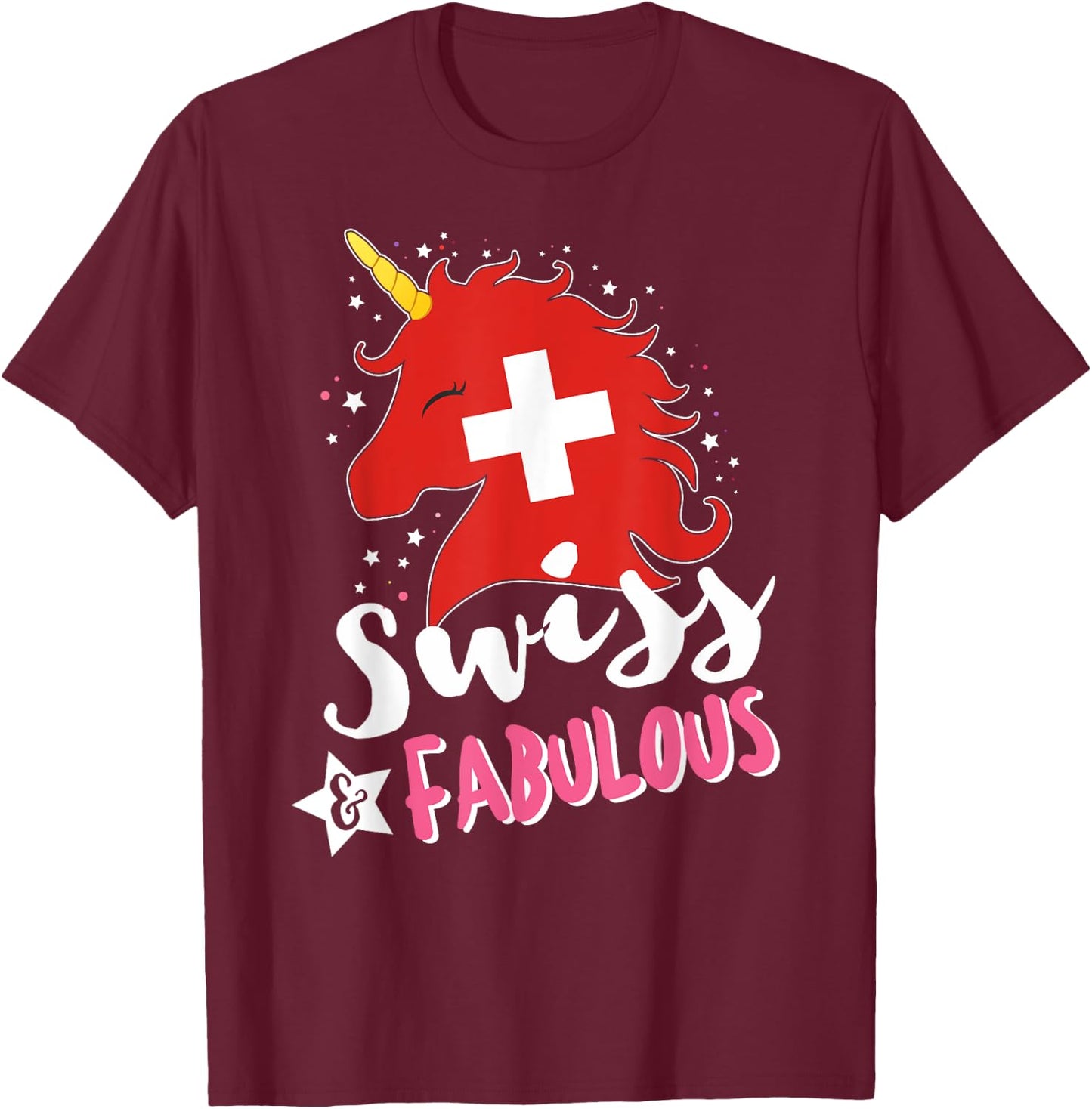 Swiss Unicorn Switzerland Flag T-Shirt - T-Shirt | Maroon