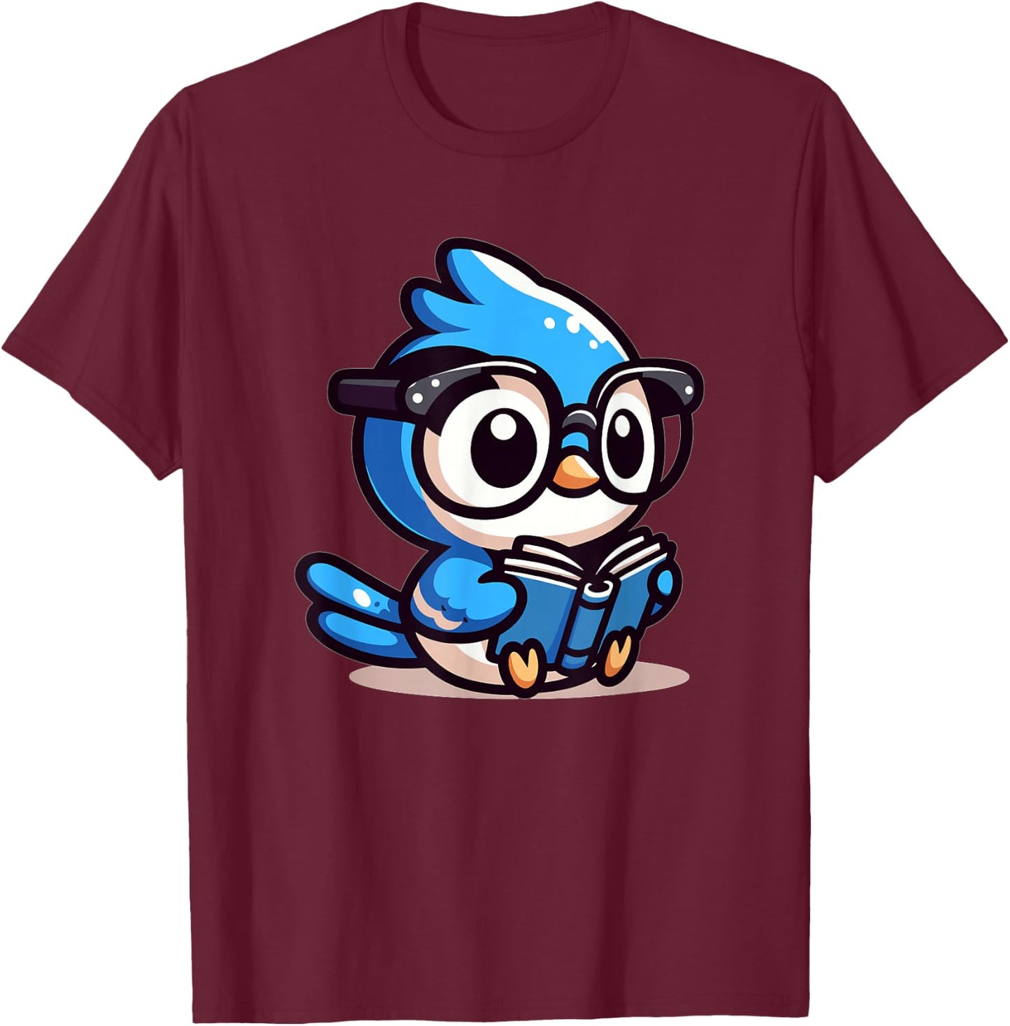 Adorable Book Lover Blue Jay With Reading Glasses Cute T-Shirt - T-Shirt | Maroon
