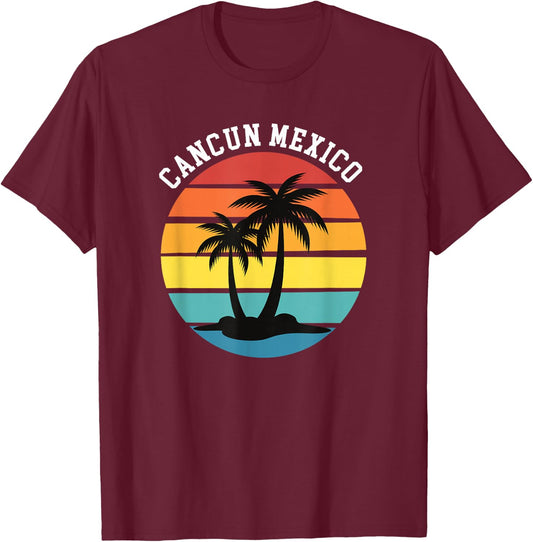 Can Cun Mexico Sunset Palm Trees Vacation T-Shirt - T-Shirt | Maroon