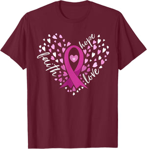 Faith Hope Love Breast Cancer Awareness Pink Ribbon Warrior T-Shirt - T-Shirt | Maroon