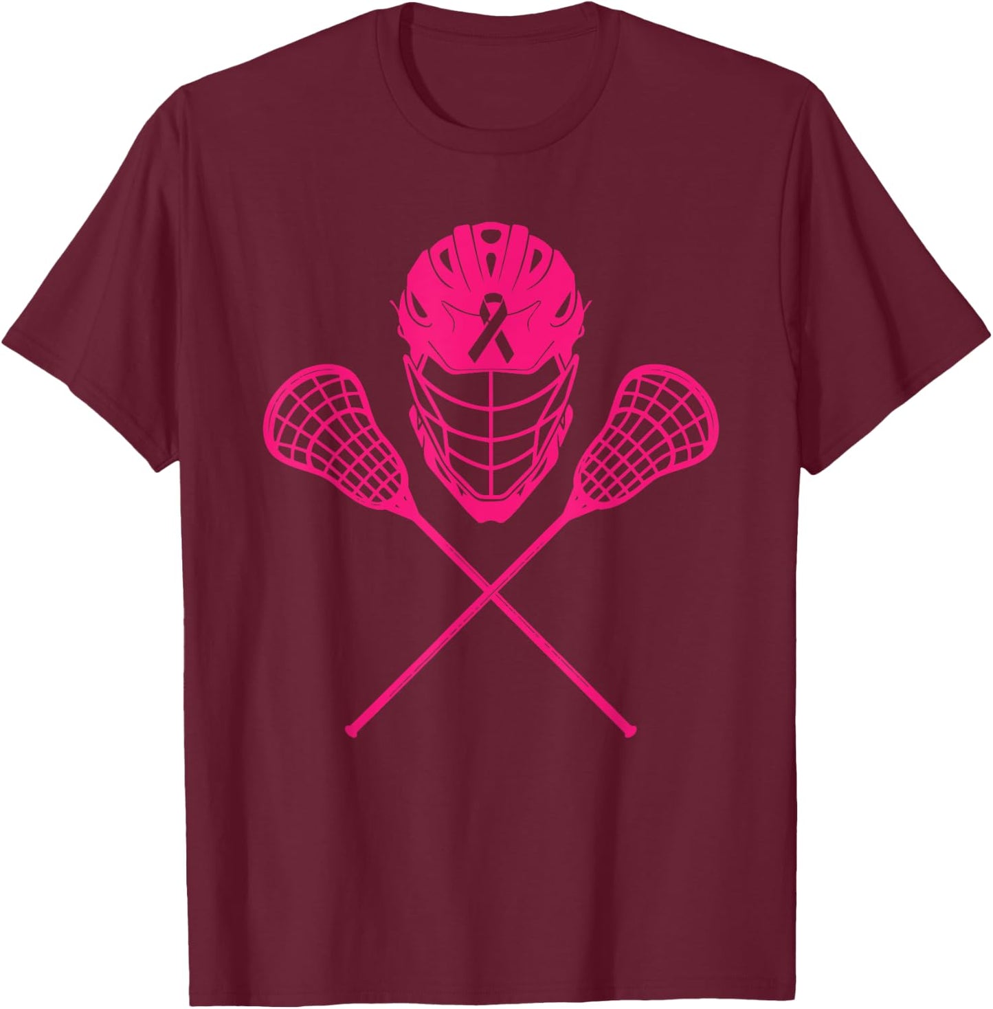 Lacrosse Stick Breast Cancer Awareness Cool Pink Ribbon Lax T-Shirt - T-Shirt | Maroon