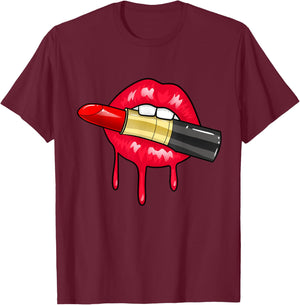 Women's Red Lipstick Juicy Sexy Lips Makeup Lip Color T-Shirt - T-Shirt | Maroon